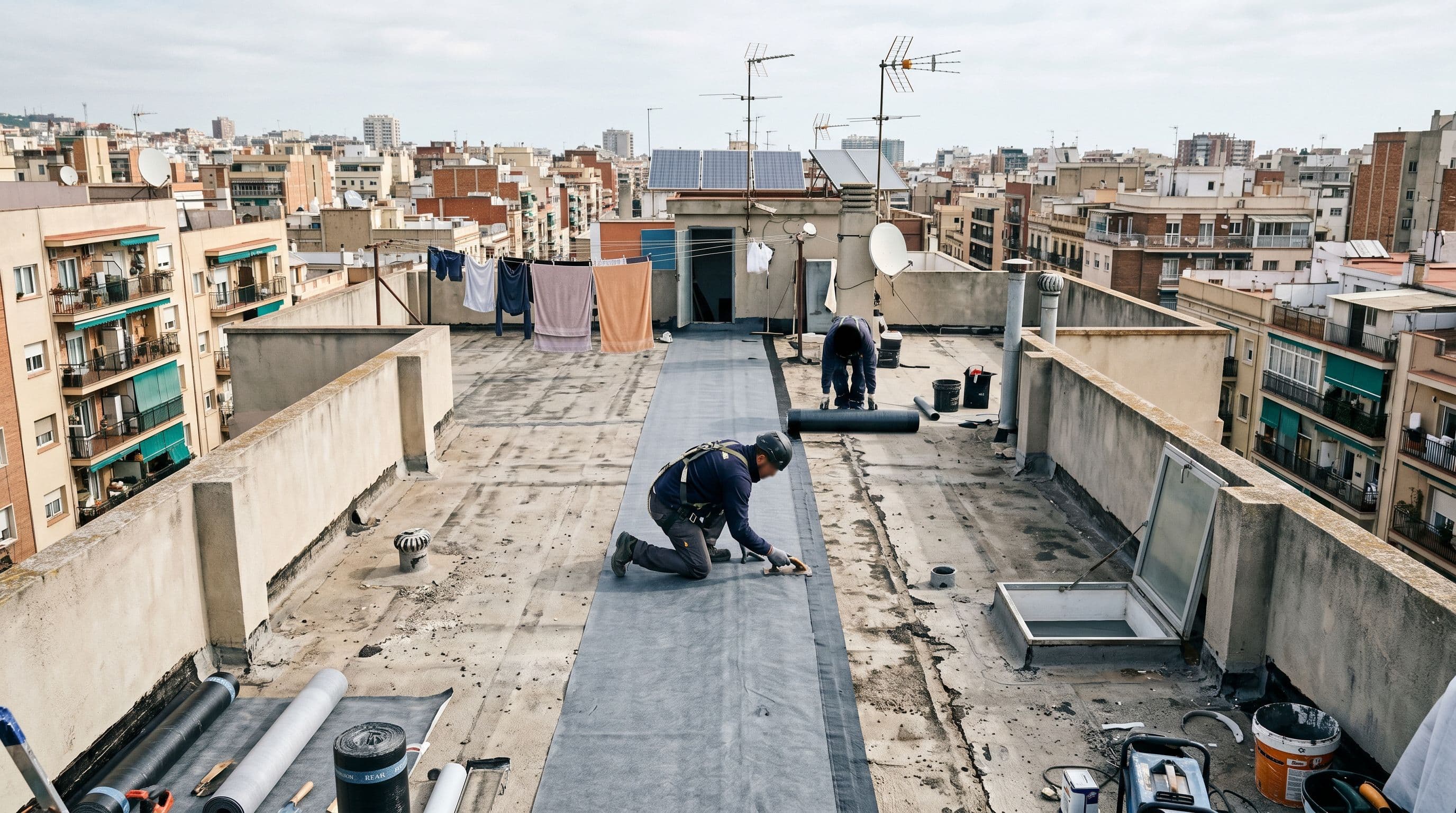 Azotea comunitaria plana de un edificio residencial español durante la impermeabilización con membrana, mostrando petos, sumideros y uso comunitario