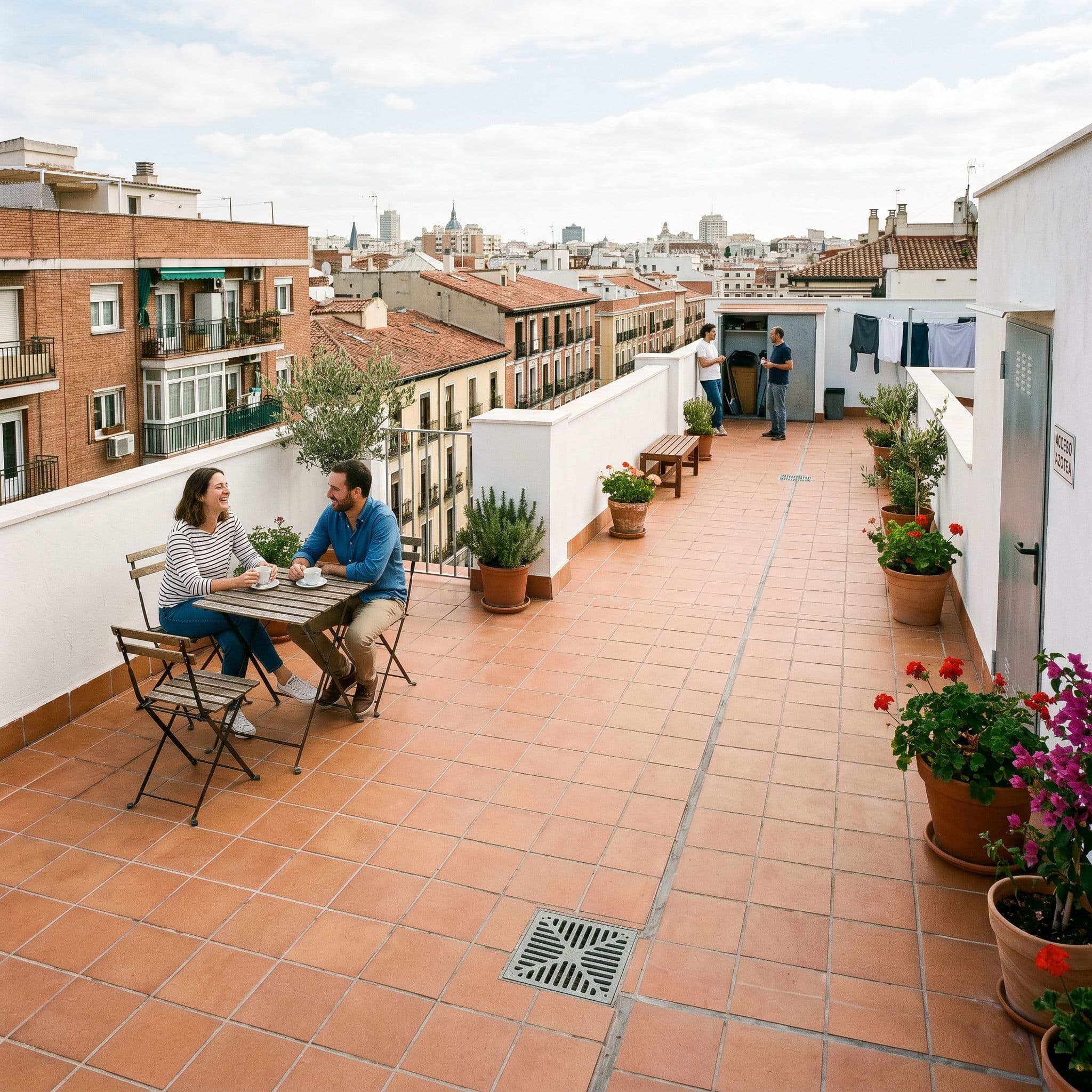 Azotea transitable comunitaria terminada con nuevo solado de gres antideslizante colocado sobre la impermeabilización y los sumideros resueltos