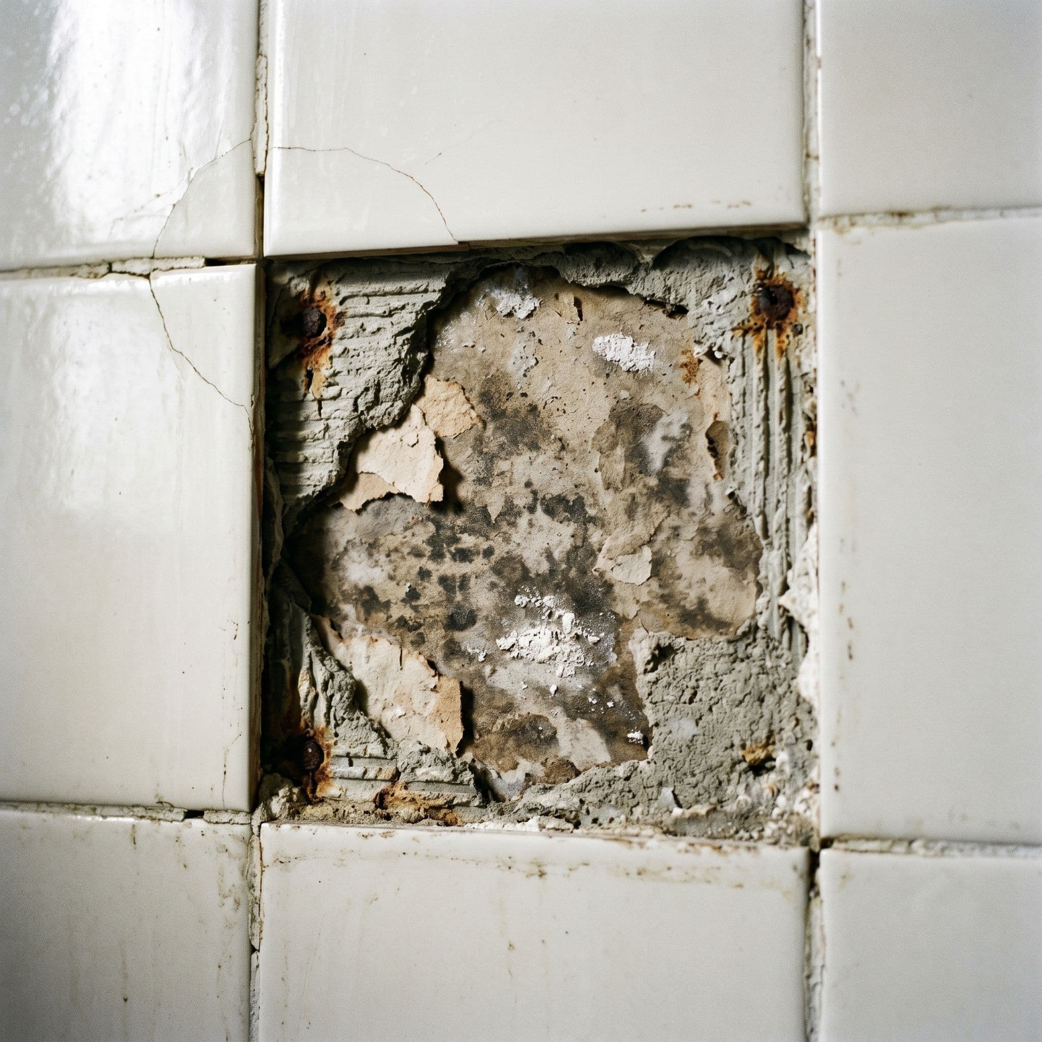 Azulejo desprendido en pared de baño revelando sustrato dañado con humedad y rejuntado contiguo deteriorado