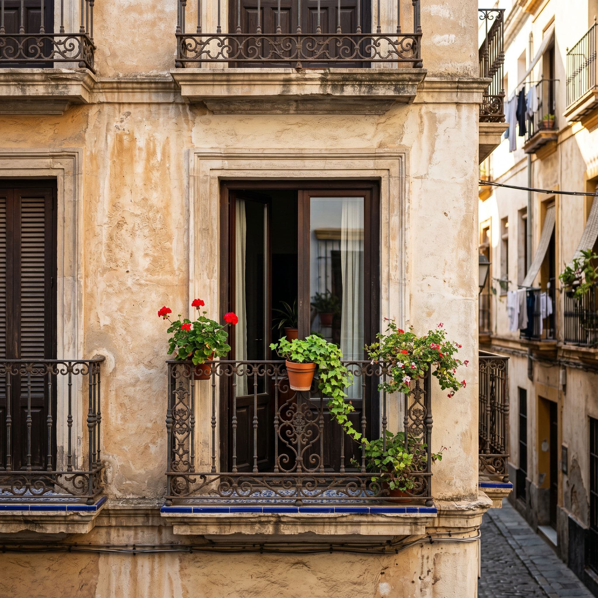 Balcón francés ornamental español con barandilla metálica y profundidad mínima ante puerta-ventana