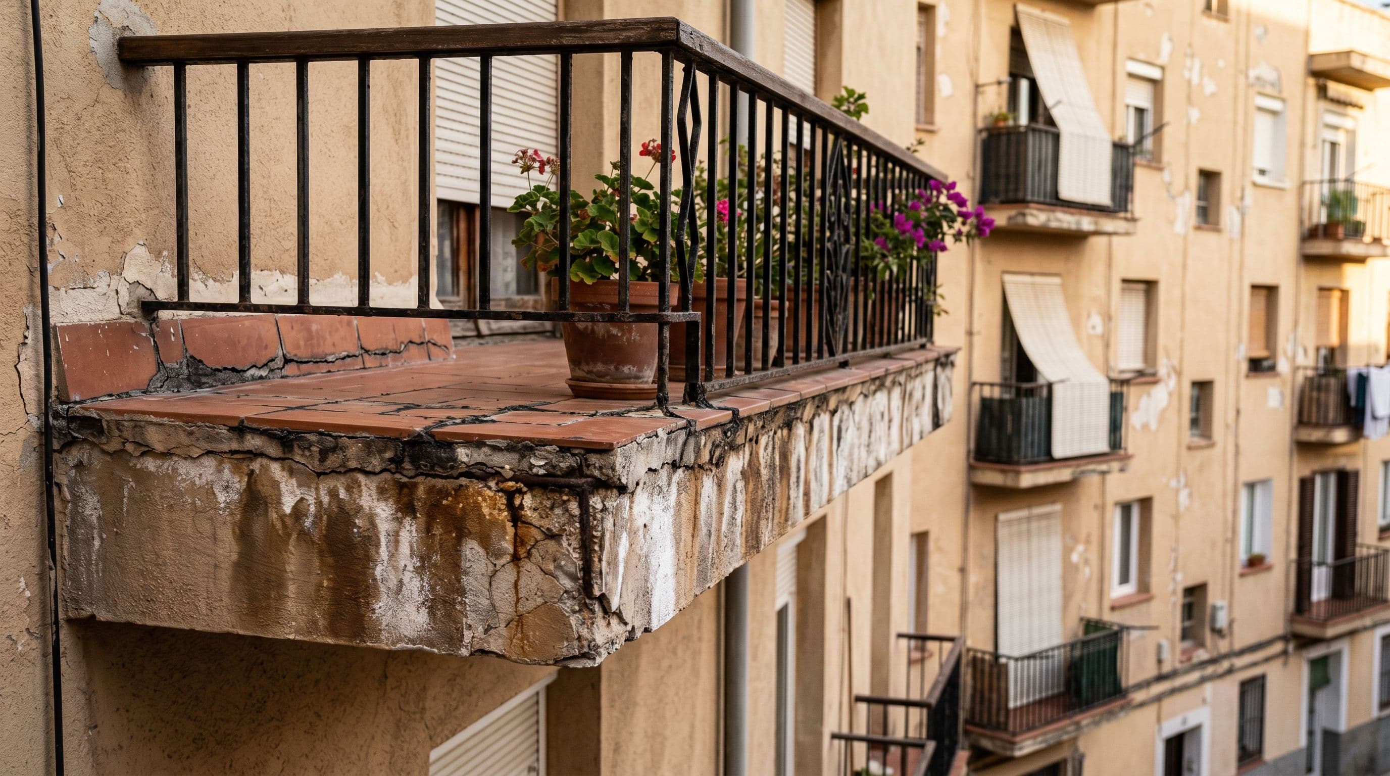 Balcón residencial español con signos visibles de filtración, rejuntado deteriorado y sellados perimetrales envejecidos
