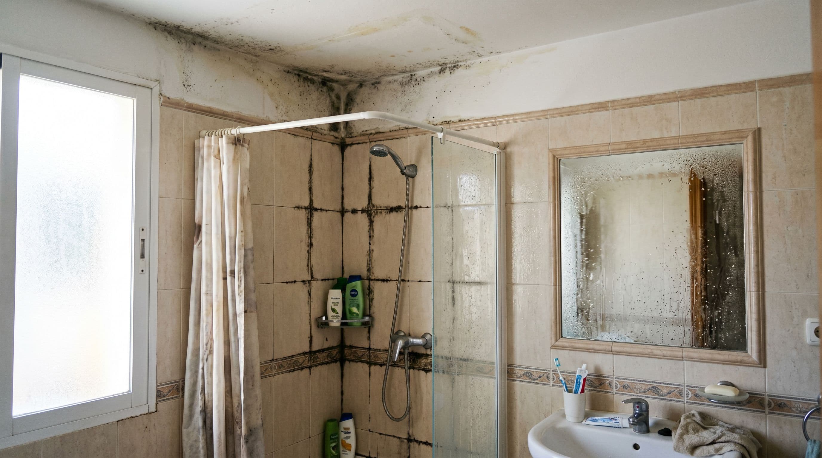 Baño residencial español con humedades visibles: moho en techo, rejuntado deteriorado, condensación en superficies y manchas características