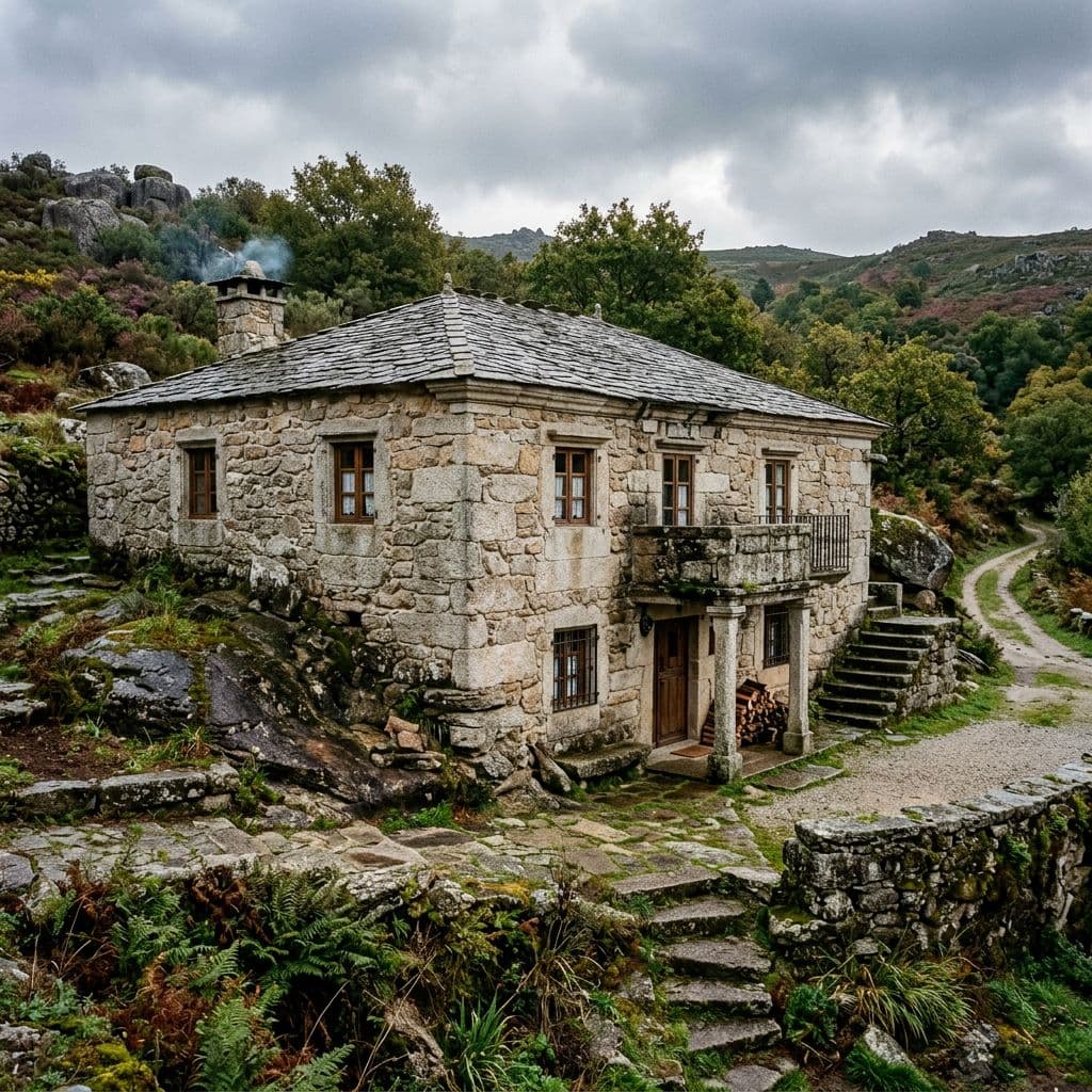 Casa tradicional gallega extremeña con muros mampostería granítica y cimentación directa sobre granito doble fuente gas radón