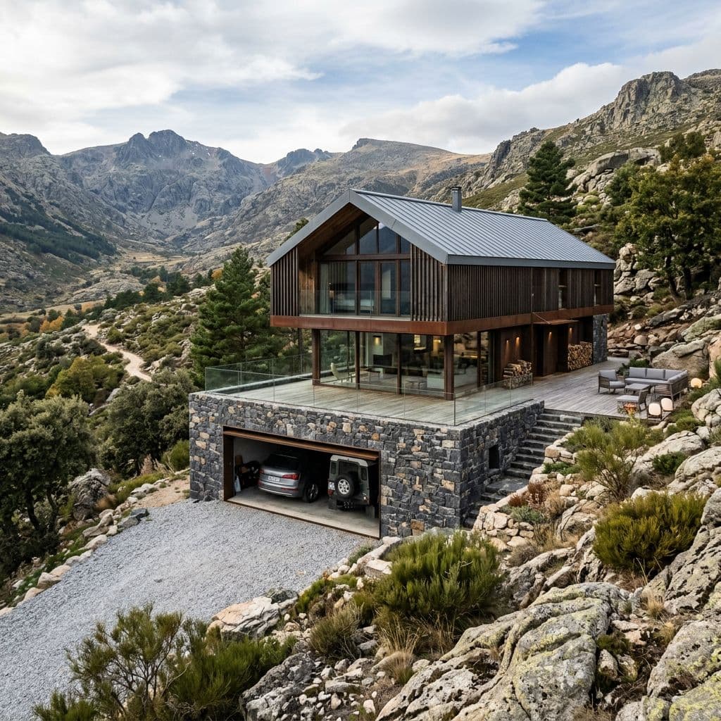 Chalet serrano Sierra Guadarrama Gredos con sótano garaje semi-enterrado sobre granito Sistema Central alta concentración gas radón