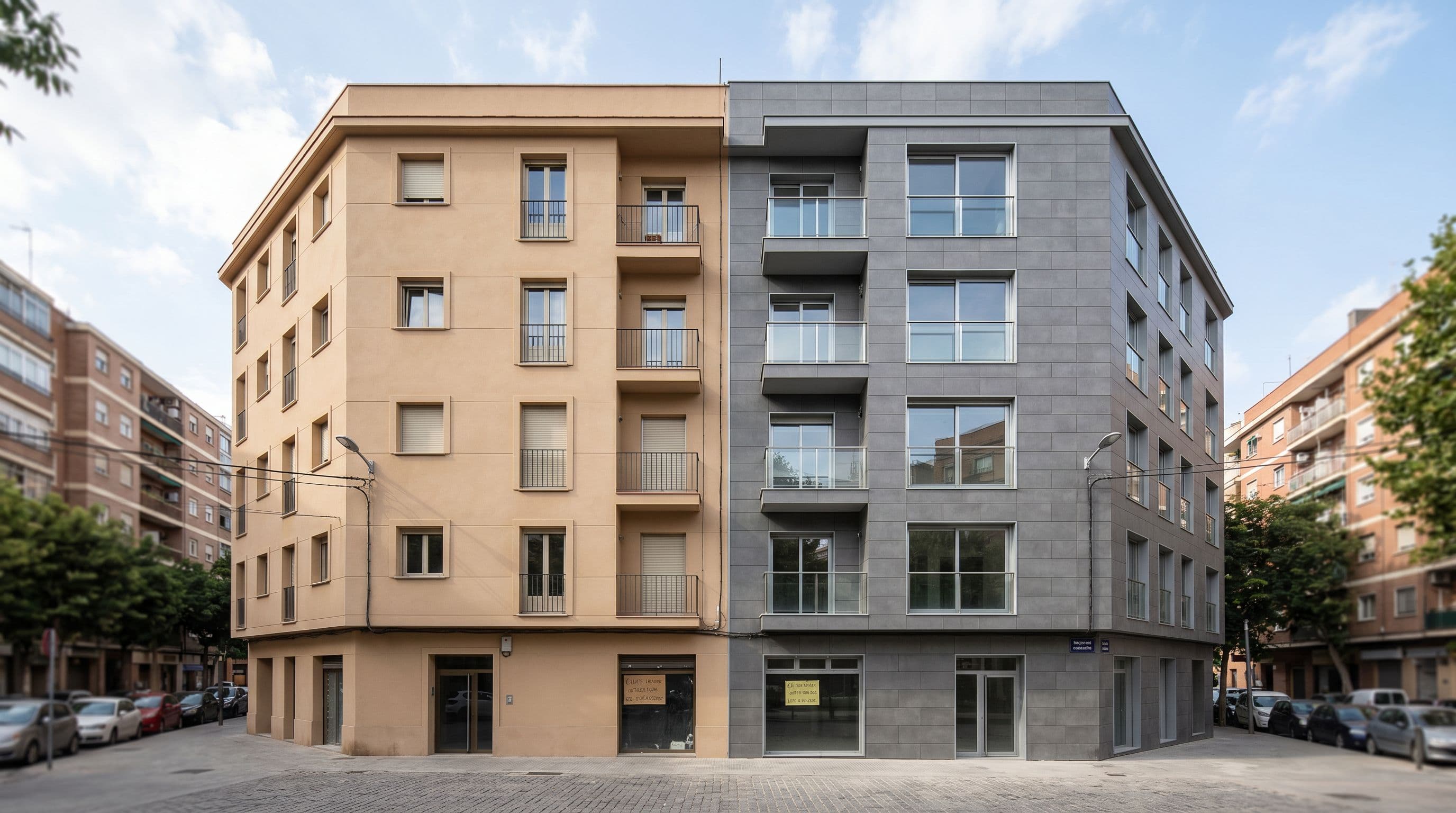 Comparativa de dos edificios residenciales españoles: edificio izquierdo con SATE y edificio derecho con fachada ventilada cerámica