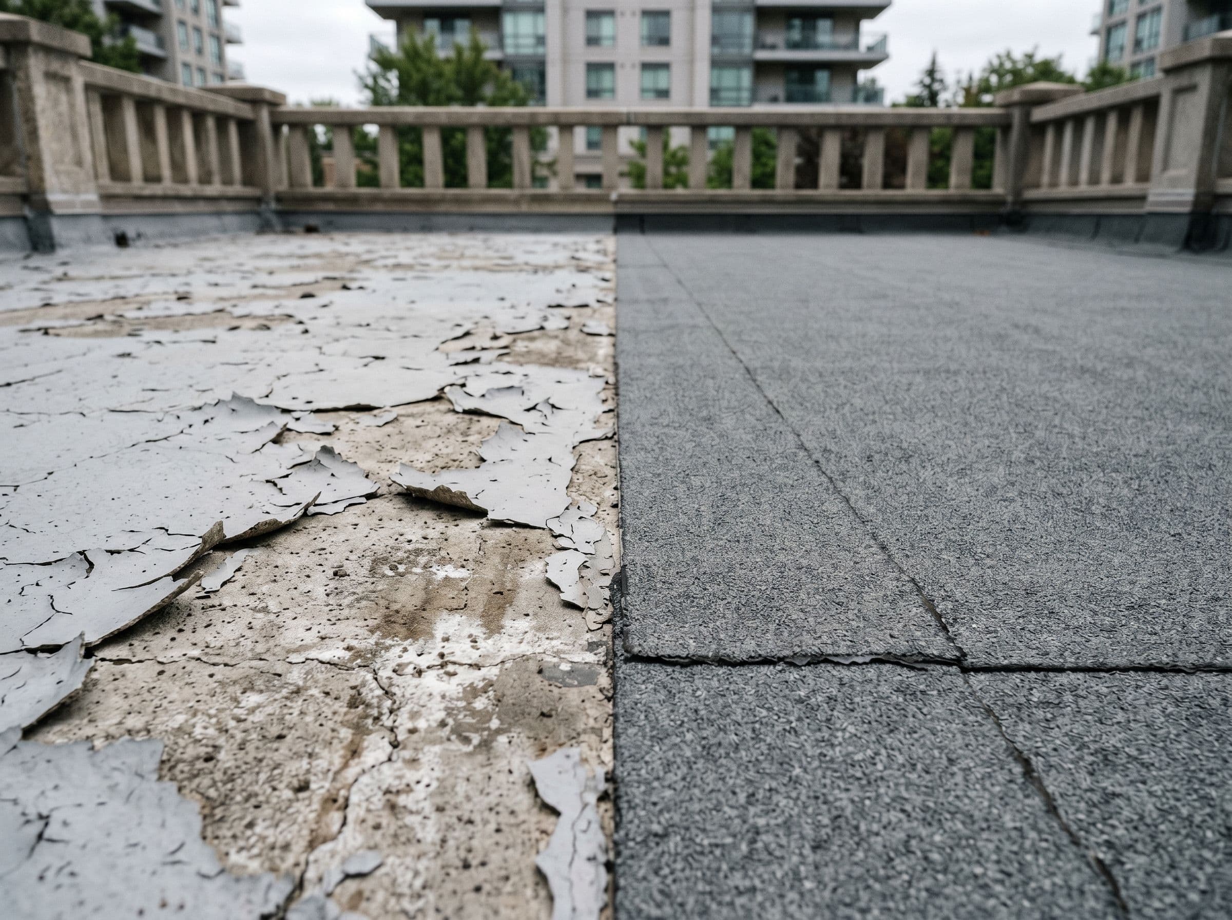 Comparativa entre una pintura impermeabilizante fina agrietada y desconchada y un sistema de membrana robusto intacto sobre una terraza