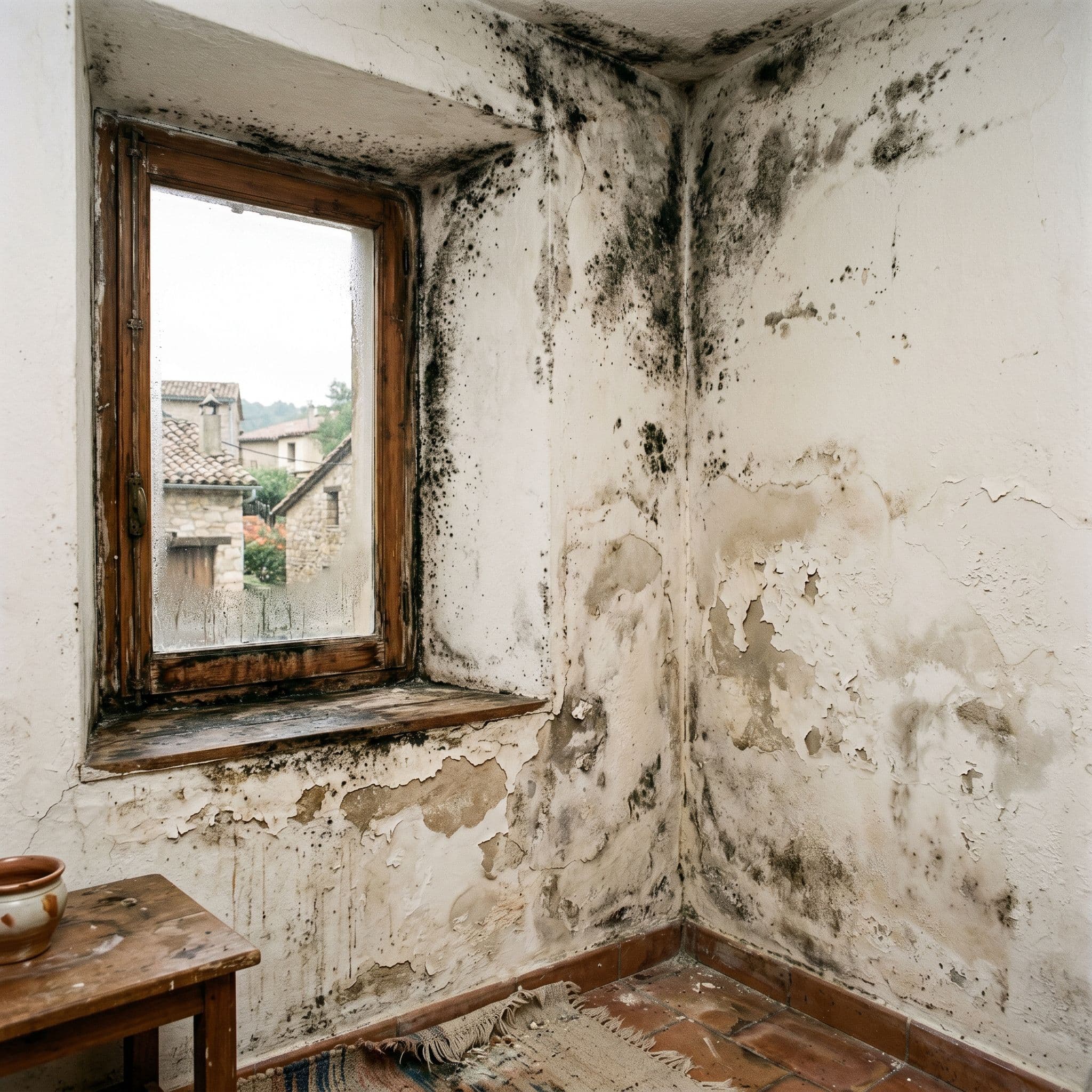 Moho negro extendido desde ventana a pared adyacente por condensación crítica