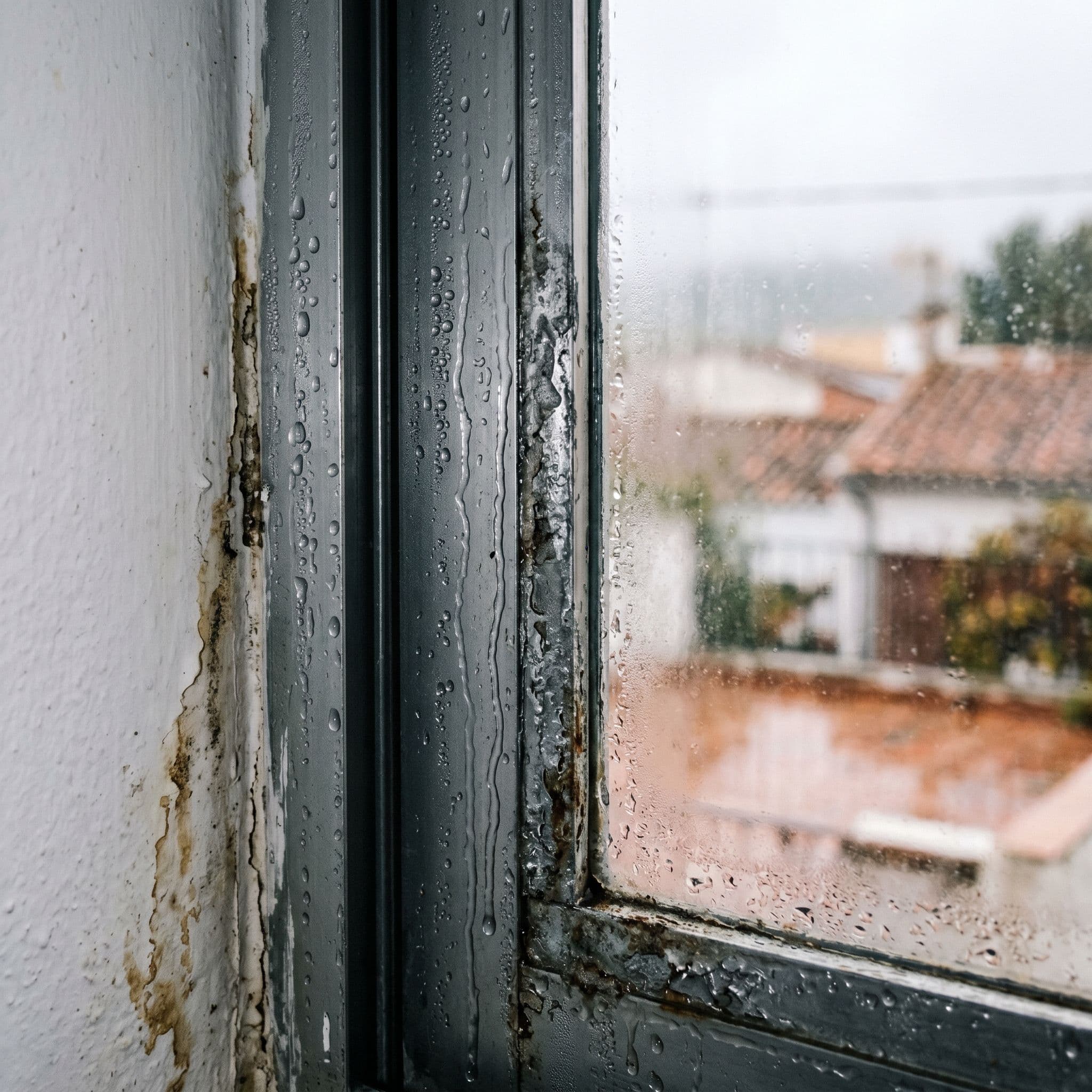 Condensación marcada en marco metálico de ventana de aluminio sin rotura de puente térmico durante el invierno
