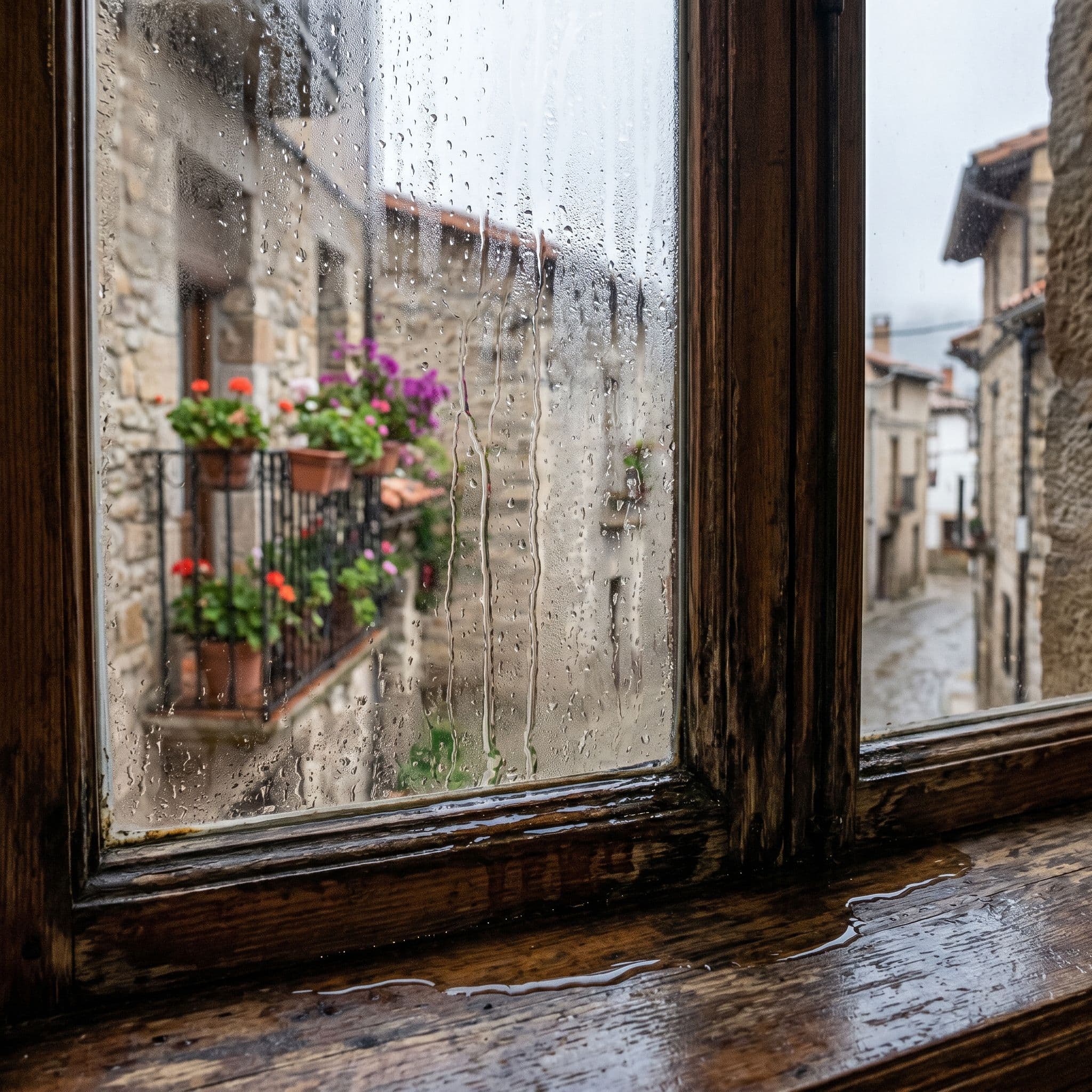 Condensación moderada con gotas escurriendo al marco de ventana húmedo