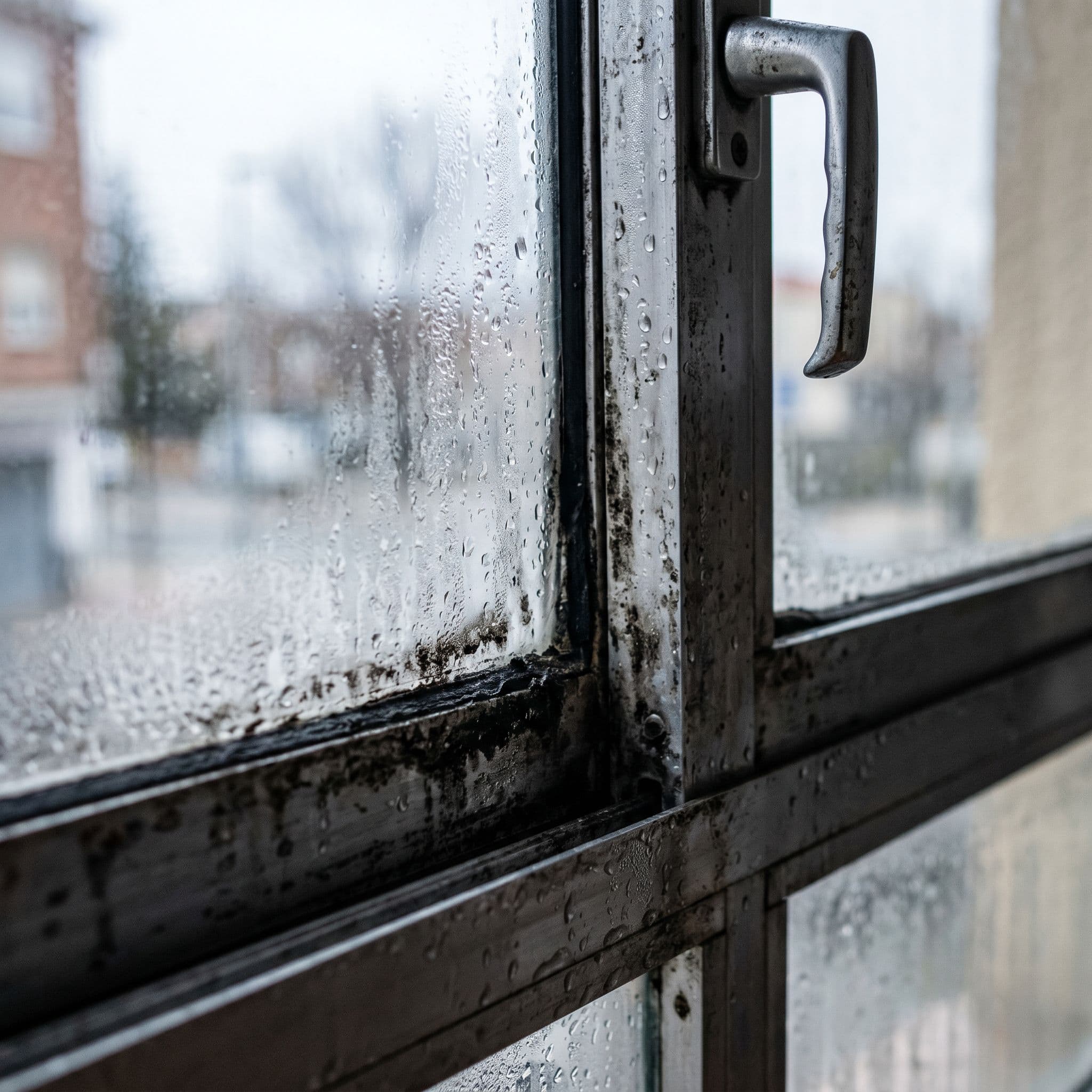 Condensación y moho en el marco de una ventana de aluminio sin rotura de puente térmico en invierno