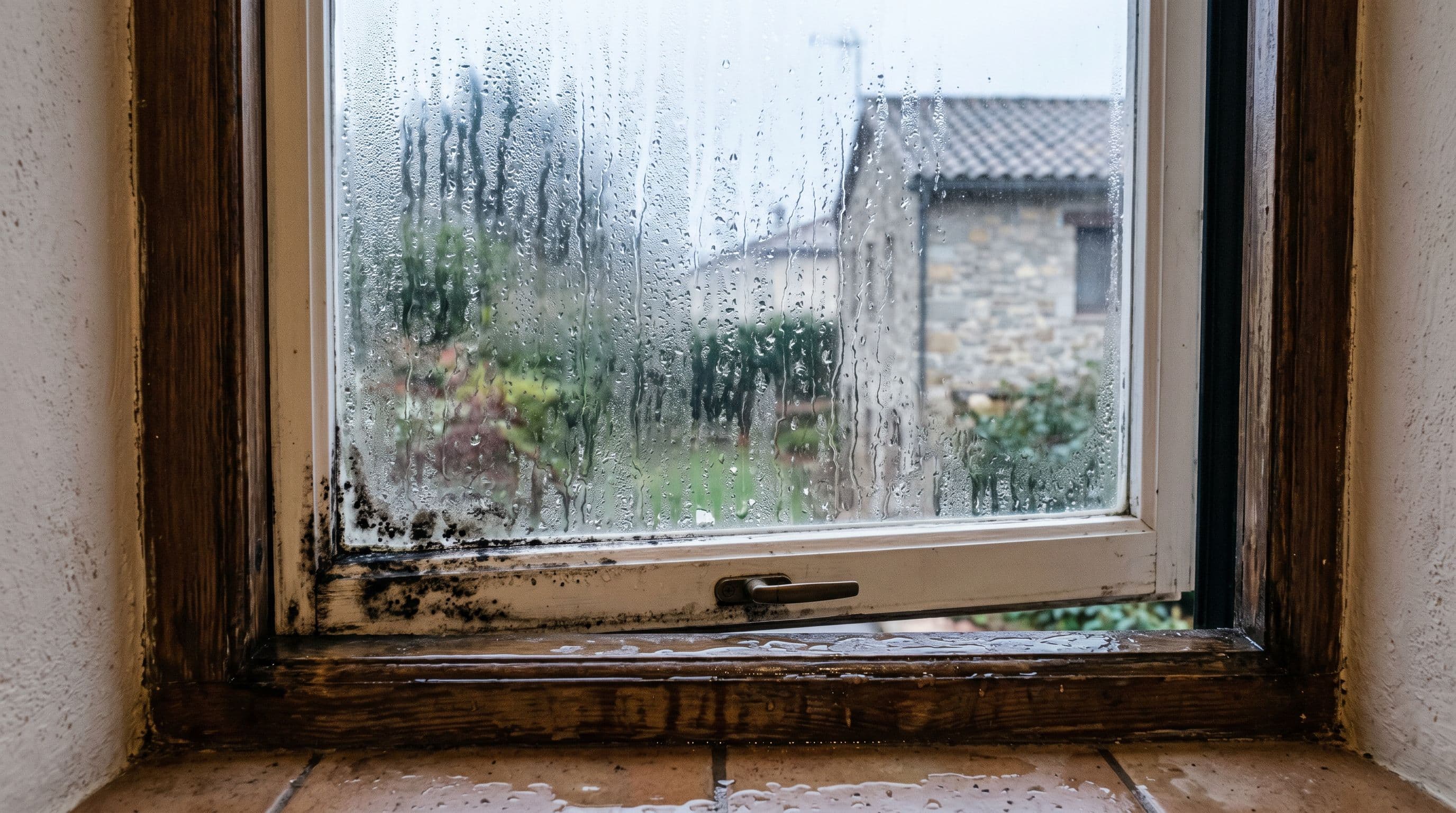 Condensación severa con gotas de agua en cristal y marco de ventana con inicio de moho