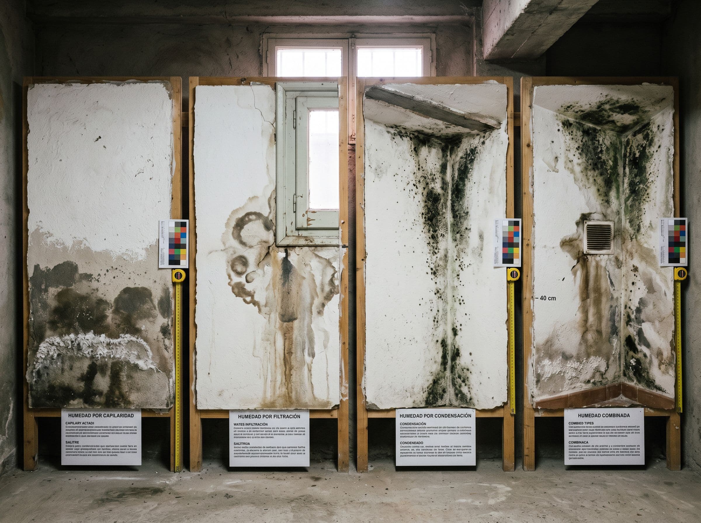 Cuatro muestras pared comparativa cuatro tipos humedad