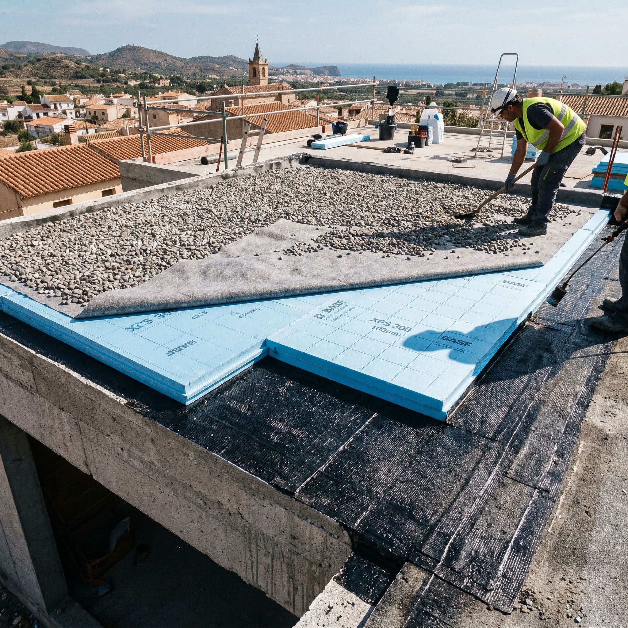 Cubierta invertida en ejecución con capas visibles impermeabilización debajo aislamiento XPS encima geotextil y grava protectora