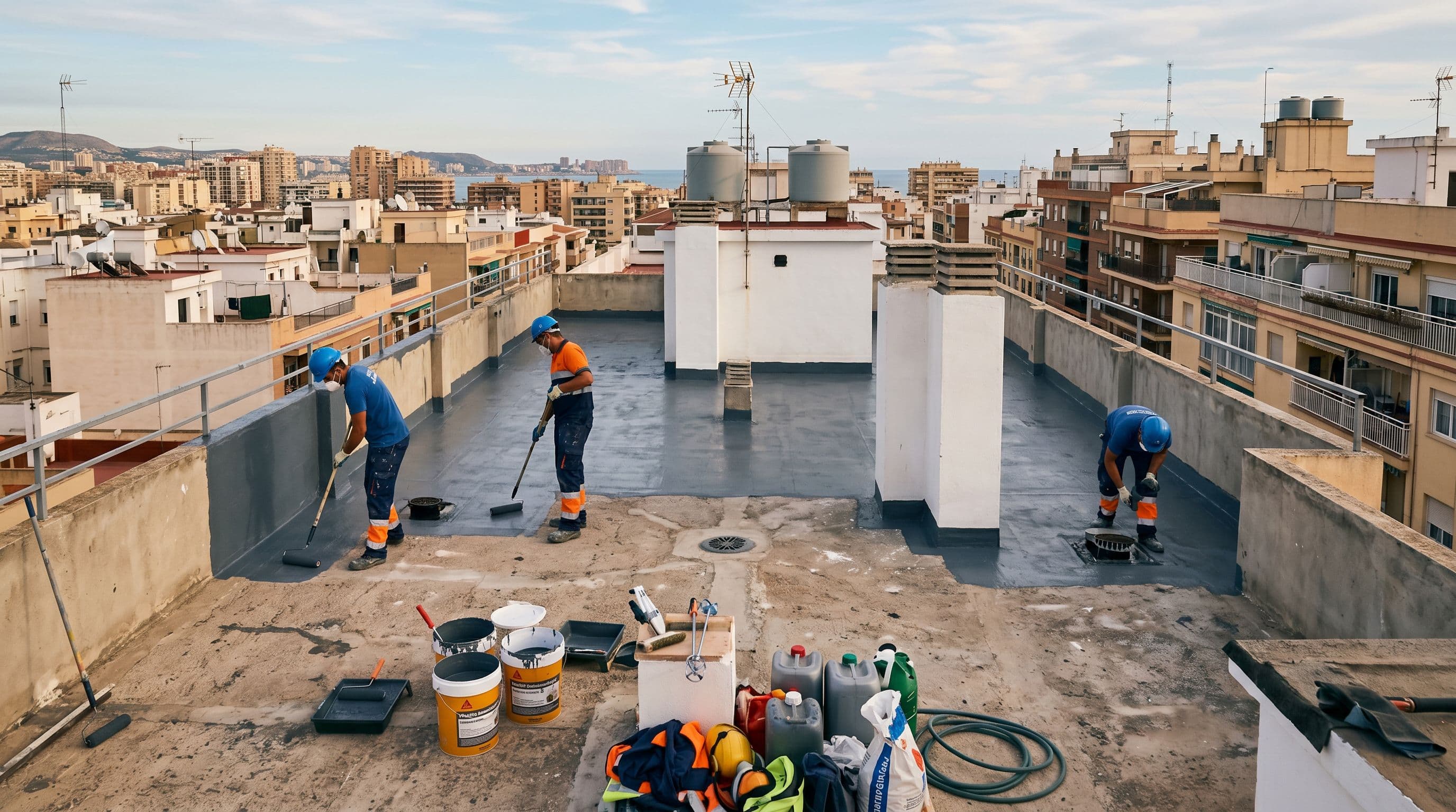 Cubierta plana de edificio residencial español en proceso de impermeabilización profesional con membrana líquida
