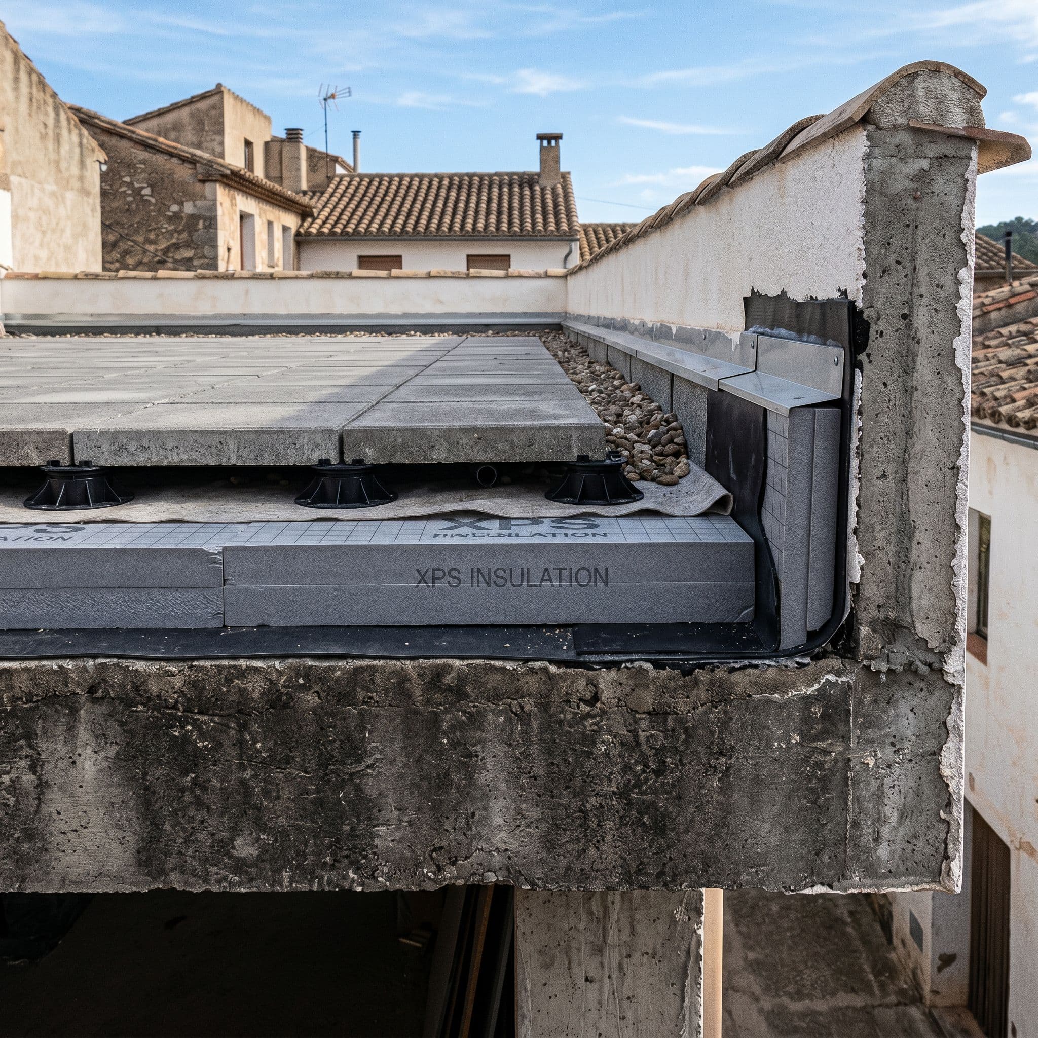 Cubierta plana invertida con el aislamiento térmico colocado sobre la lámina impermeabilizante y acabado de gravilla o losas.