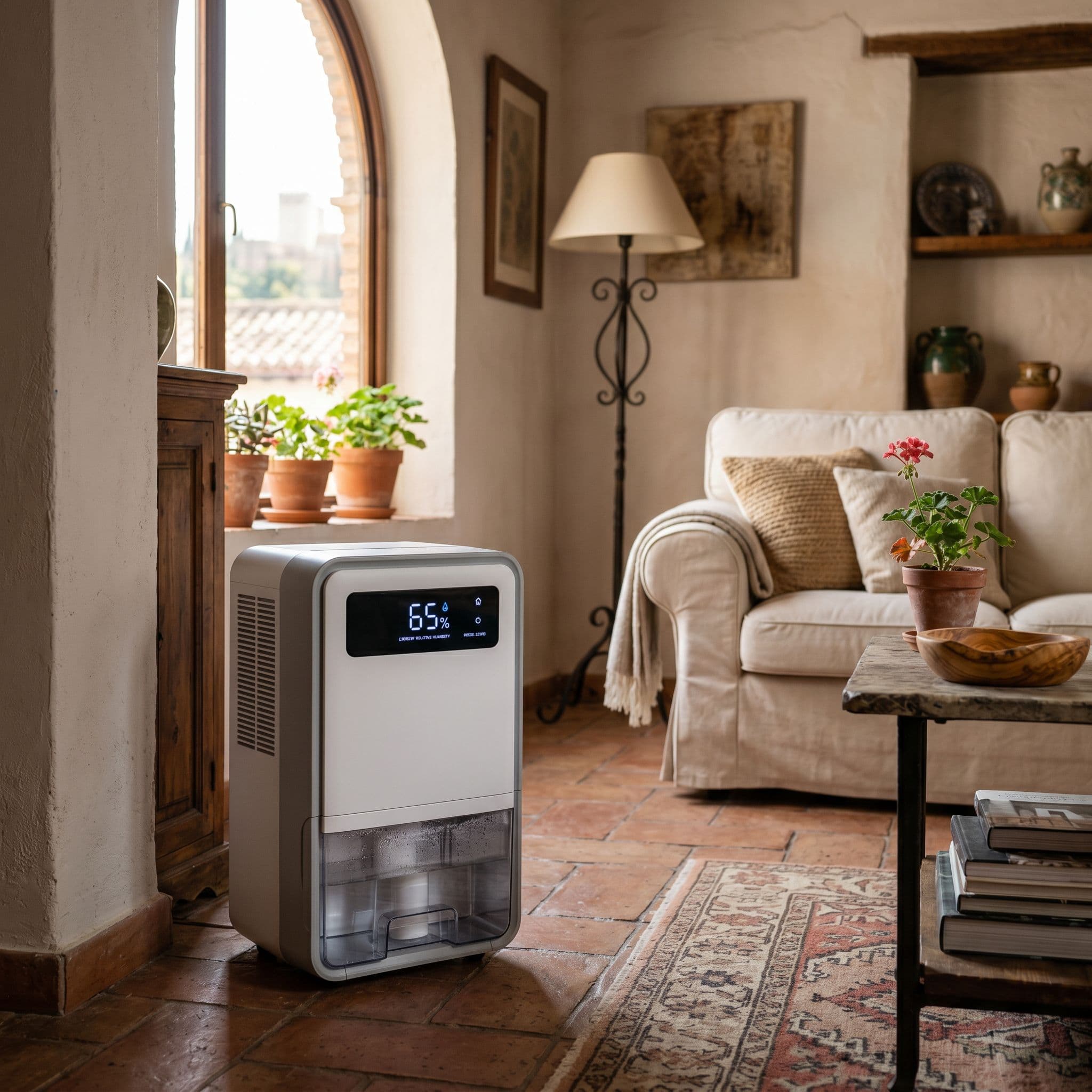 Deshumidificador eléctrico portátil residencial mostrando nivel de humedad relativa interior y depósito de agua