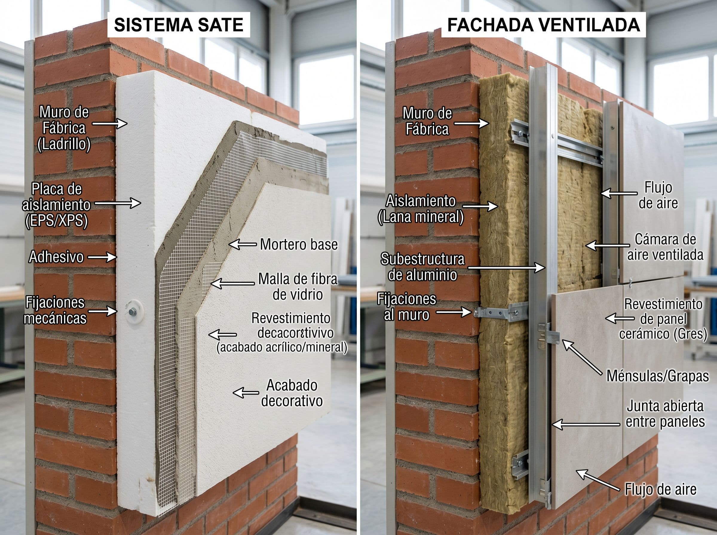 Detalle constructivo comparativo en sección transversal de ambos sistemas: SATE adherido y fachada ventilada con cámara de aire