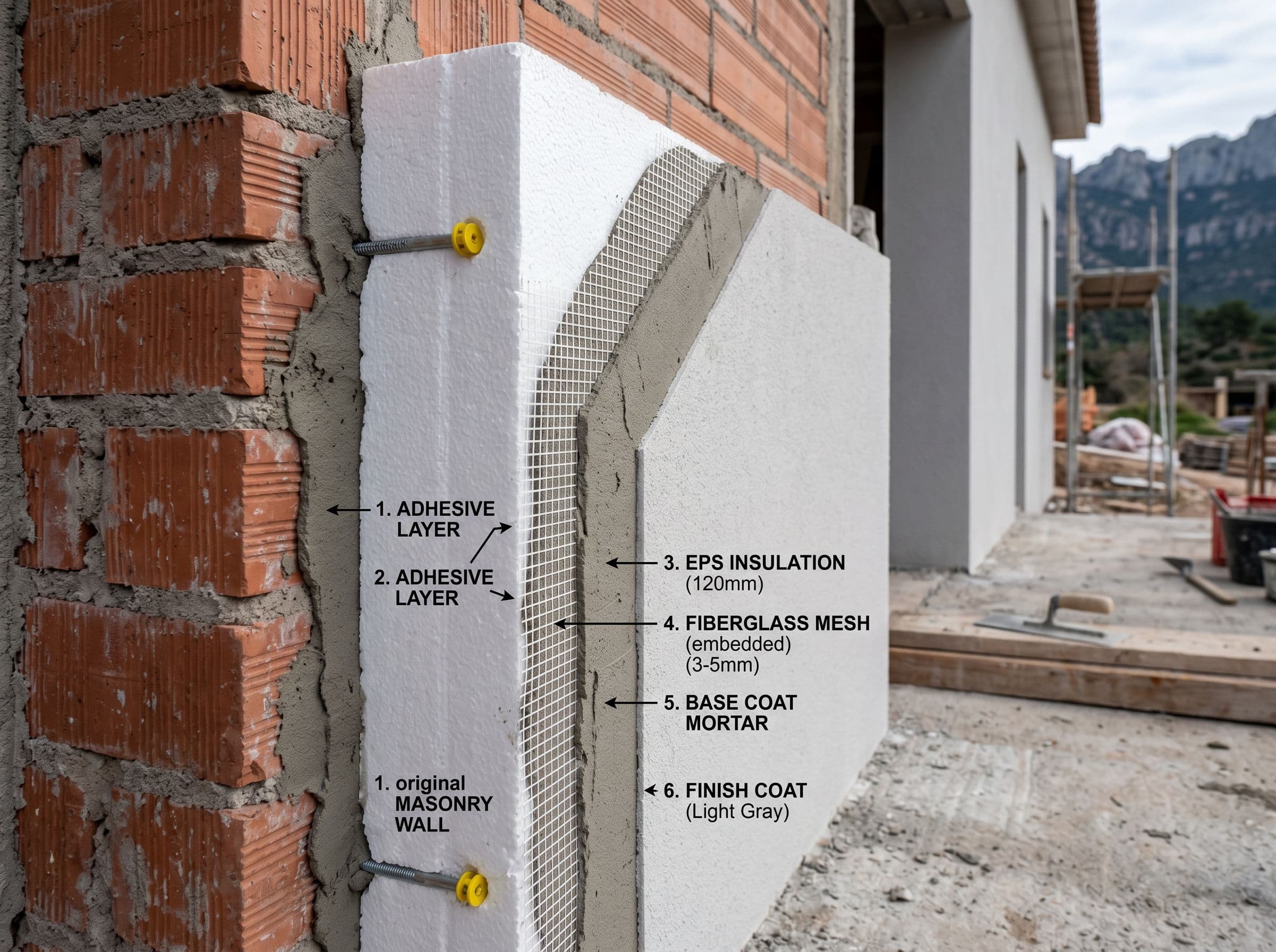 Detalle técnico fachada española vivienda sección transversal capas sistema SATE