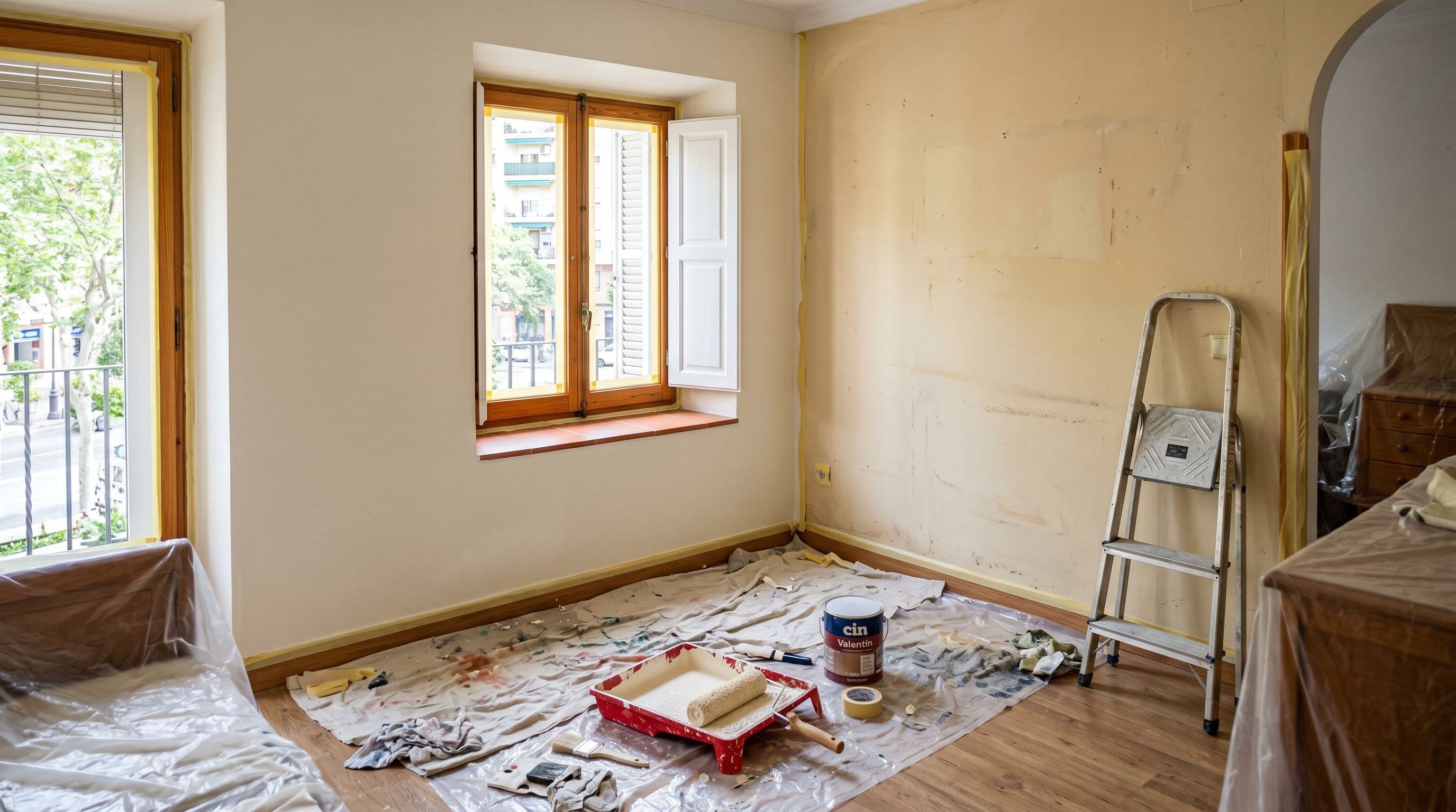 Dormitorio español vivienda residencial pintando proceso DIY pared recién pintada blanco cálido suave