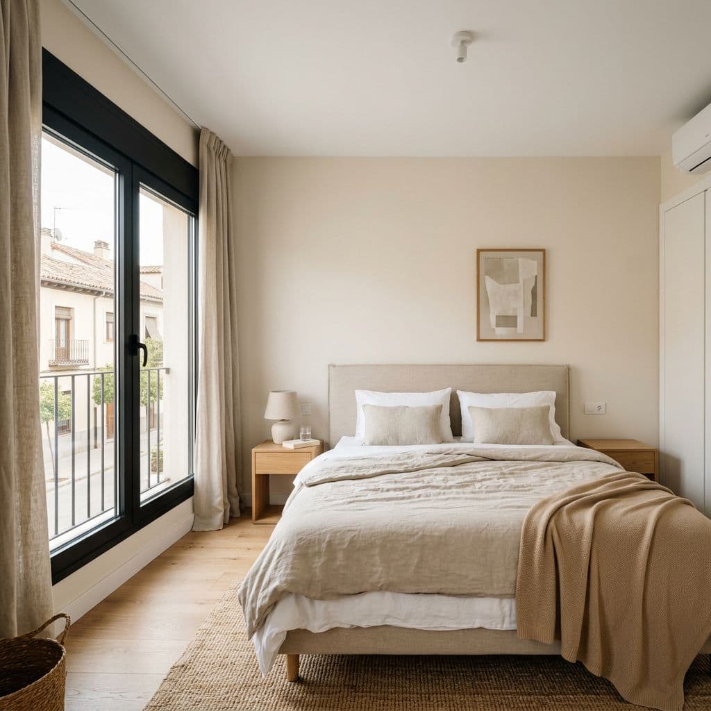 Dormitorio principal vivienda española paredes pintadas neutro cálido