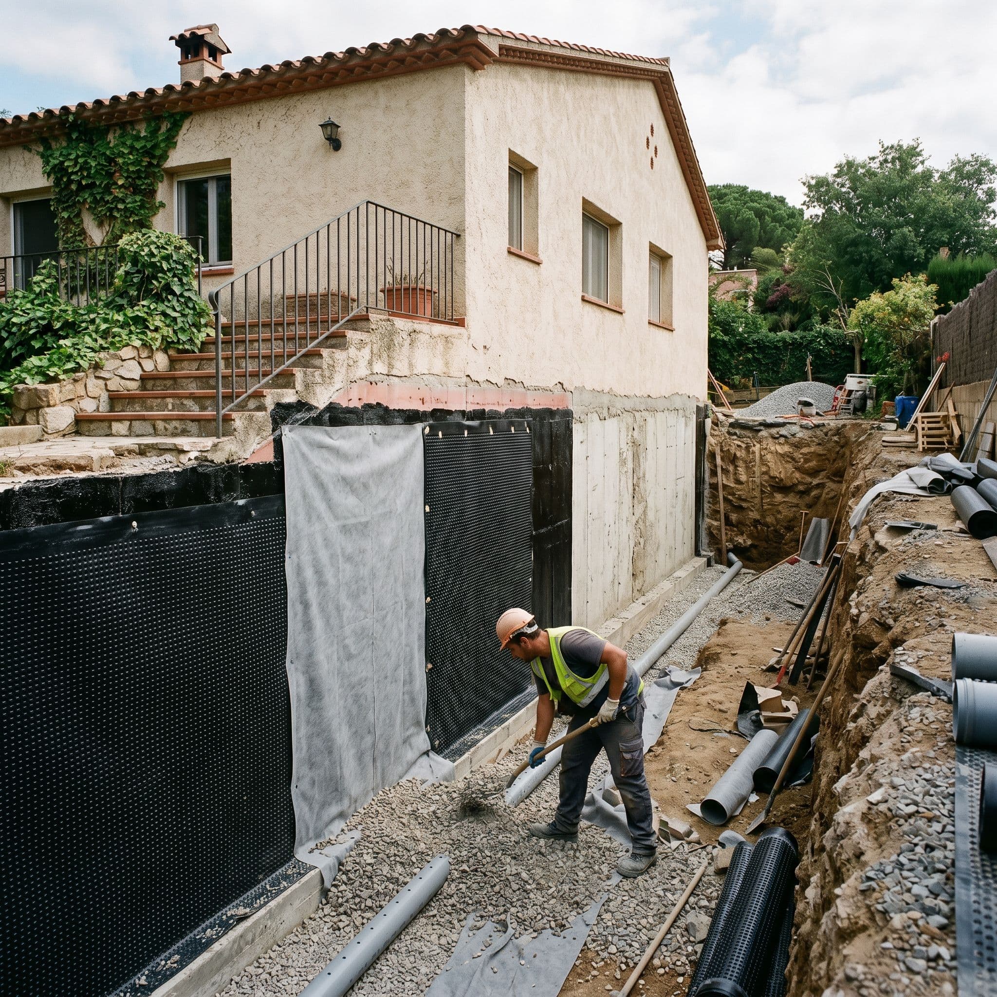 Drenaje perimetral profesional combinado con impermeabilización exterior de muro enterrado en sótano residencial
