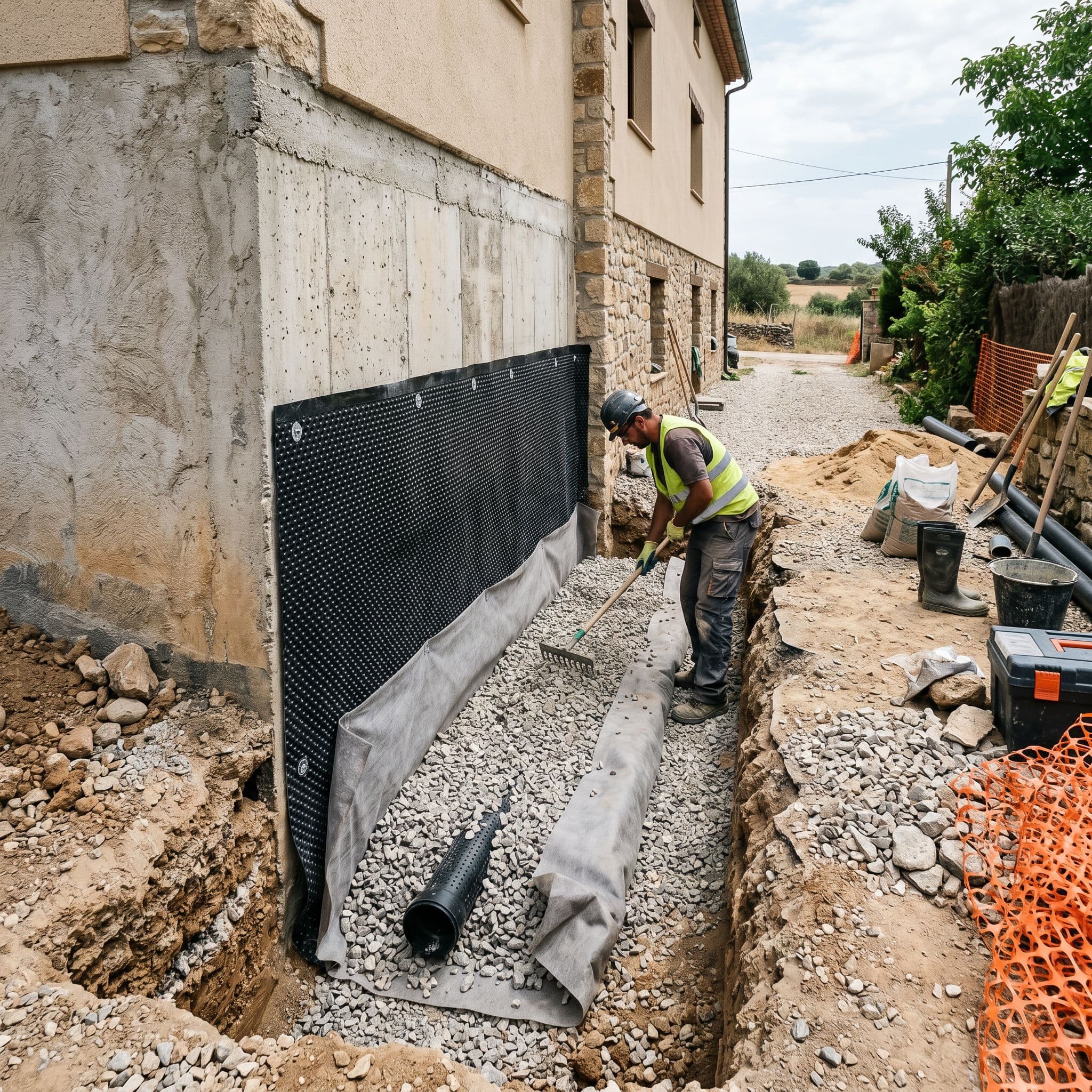 Drenaje perimetral profesional con lámina nodular HDPE y tubo drenante junto a muro enterrado de sótano