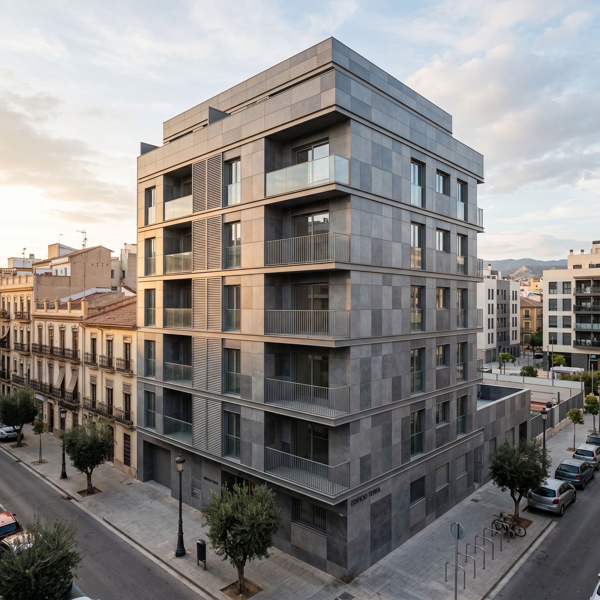 Edificio comunitario contemporáneo residencial de 6-8 plantas con fachada ventilada cerámica y estética arquitectónica premium