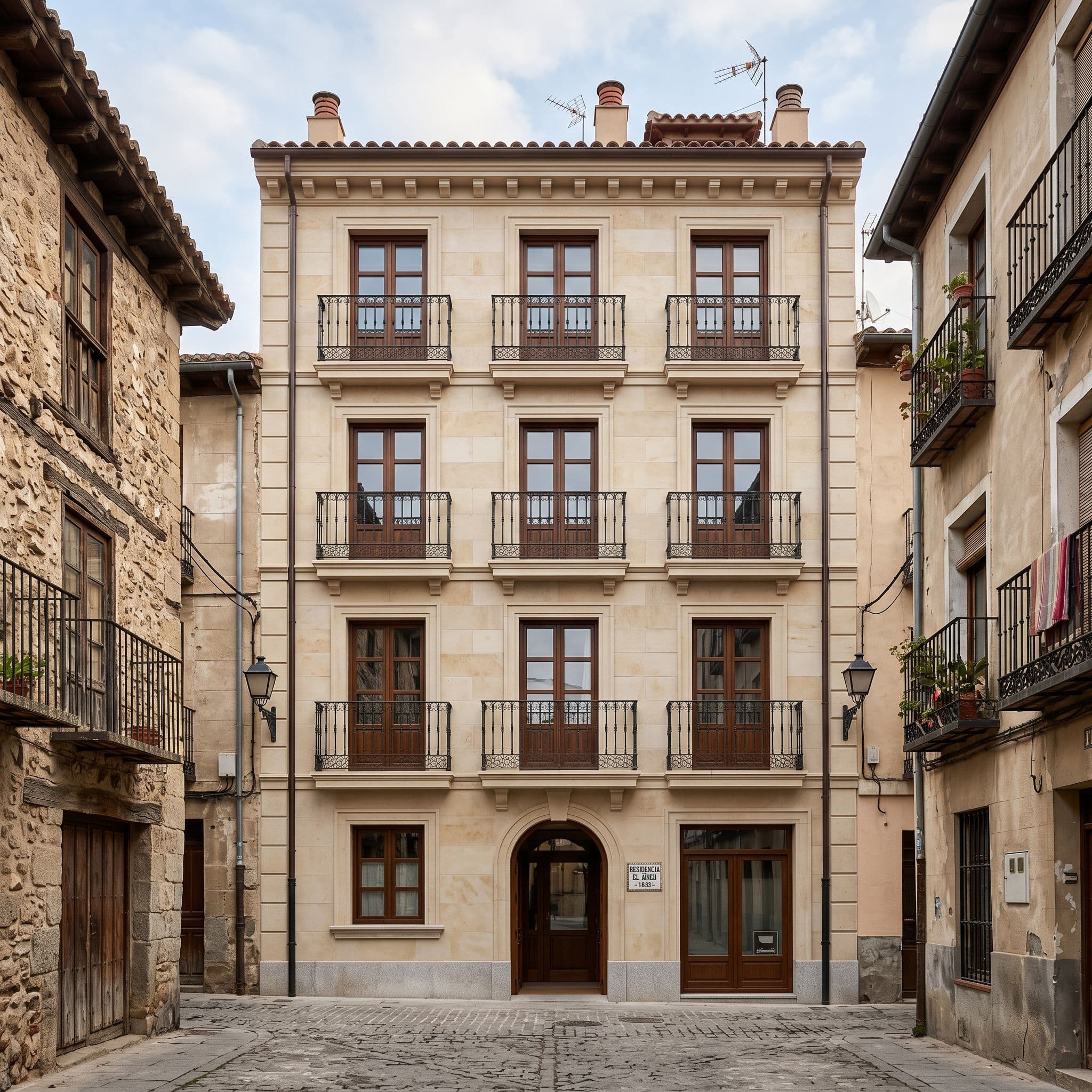 Edificio español casco histórico SATE instalación acabado compatible patrimonial 4 plantas acabado imitación piedra
