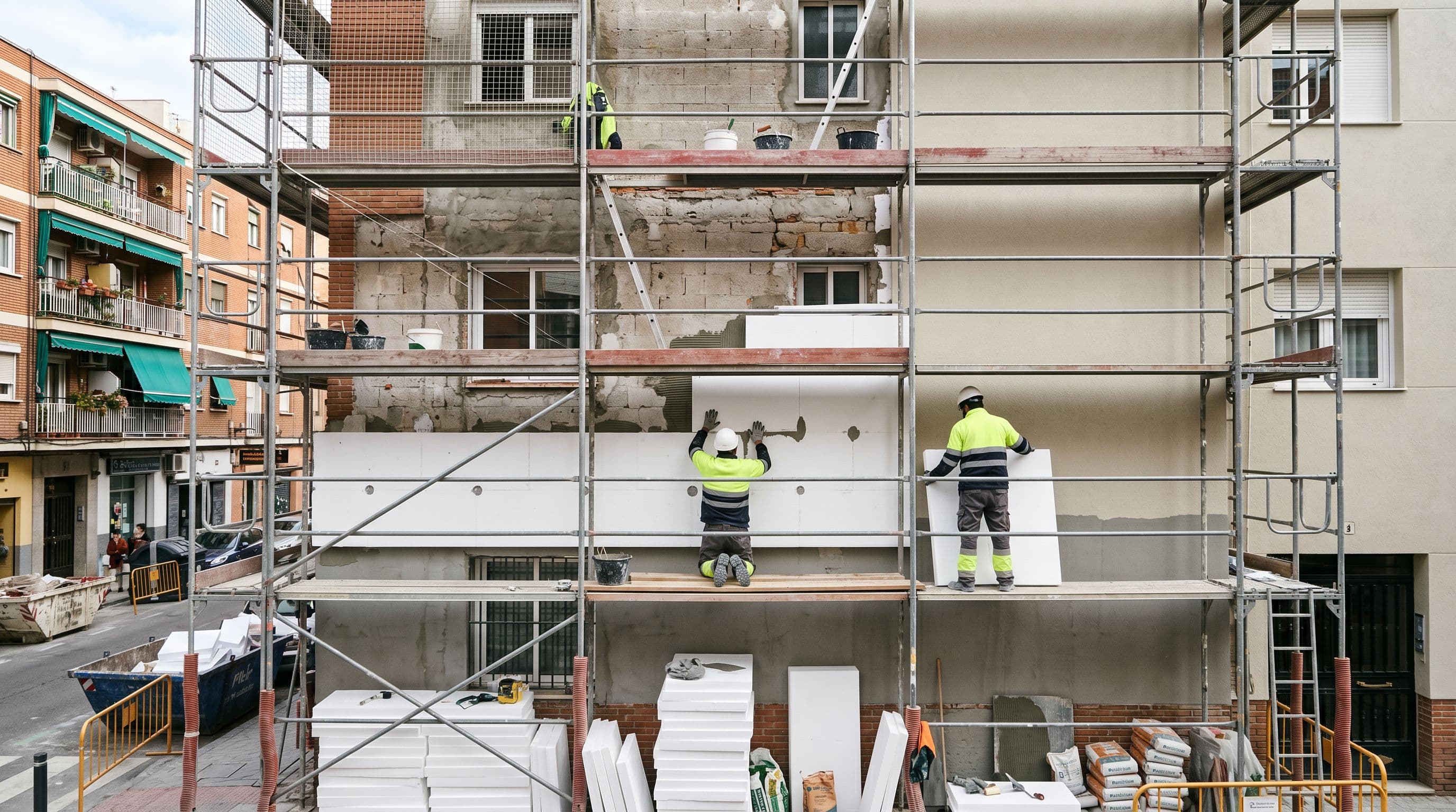 Edificio español vivienda residencial fachada exterior instalación sistema SATE aislamiento térmico exterior