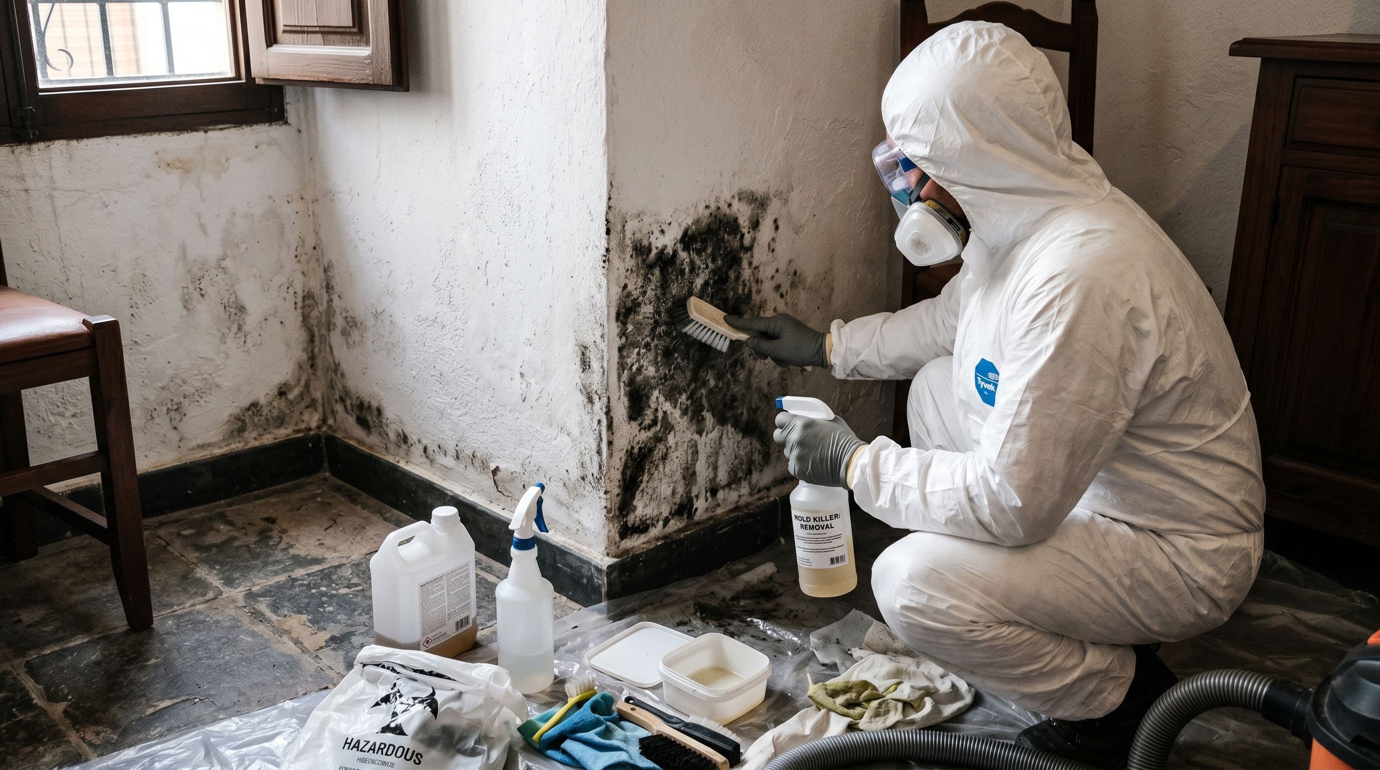 Eliminación profesional de manchas negras de humedad y moho en pared interior con equipo de protección completo y técnica correcta