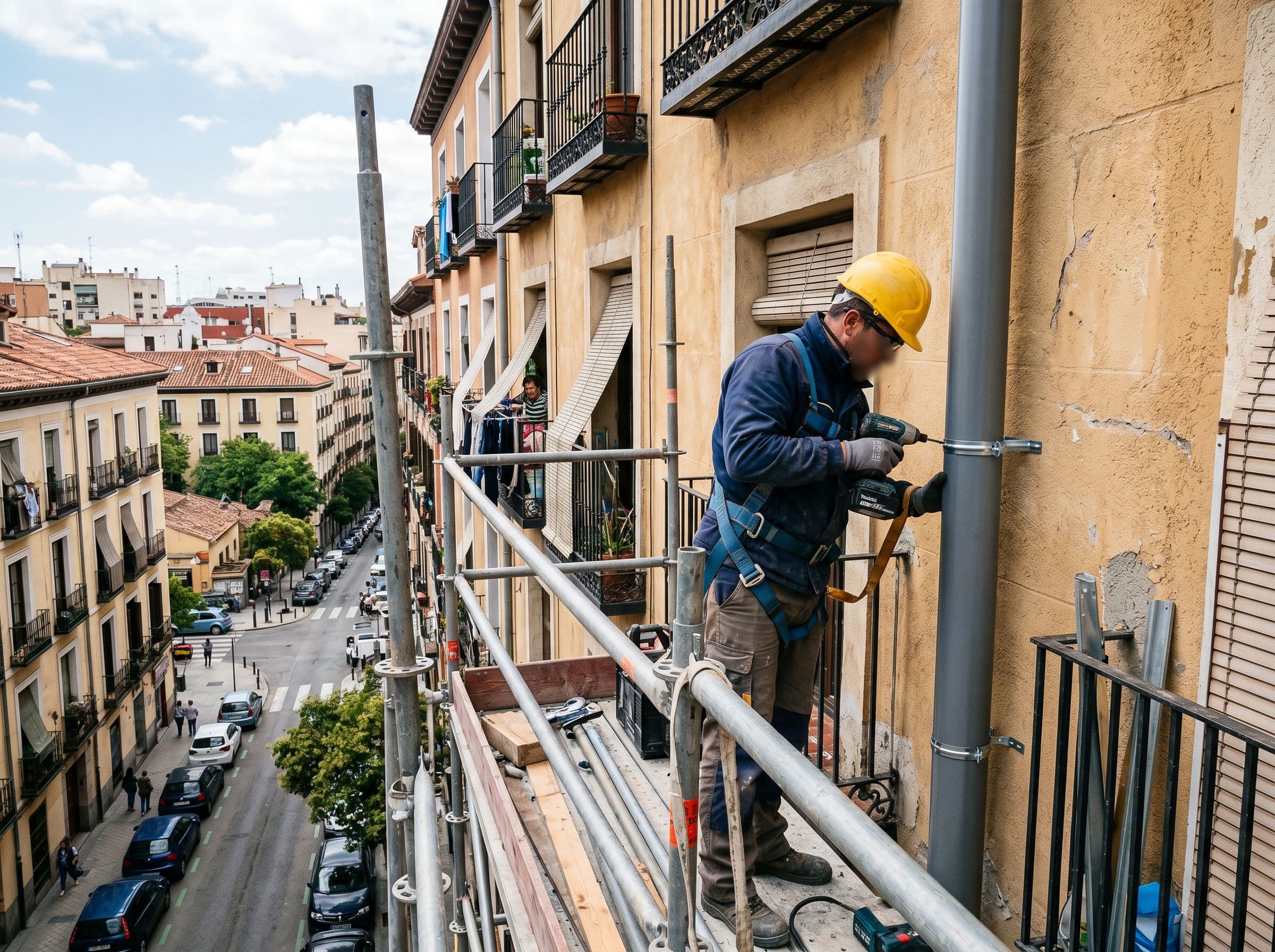 Especialista en fachadas reparando una bajante de un edificio residencial