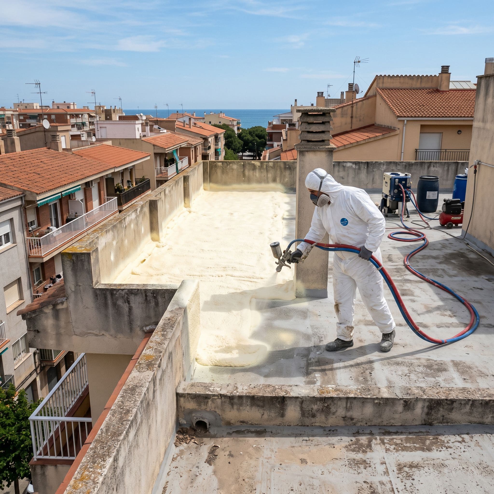 Aplicación de espuma de poliuretano proyectada en cubierta plana de edificio residencial