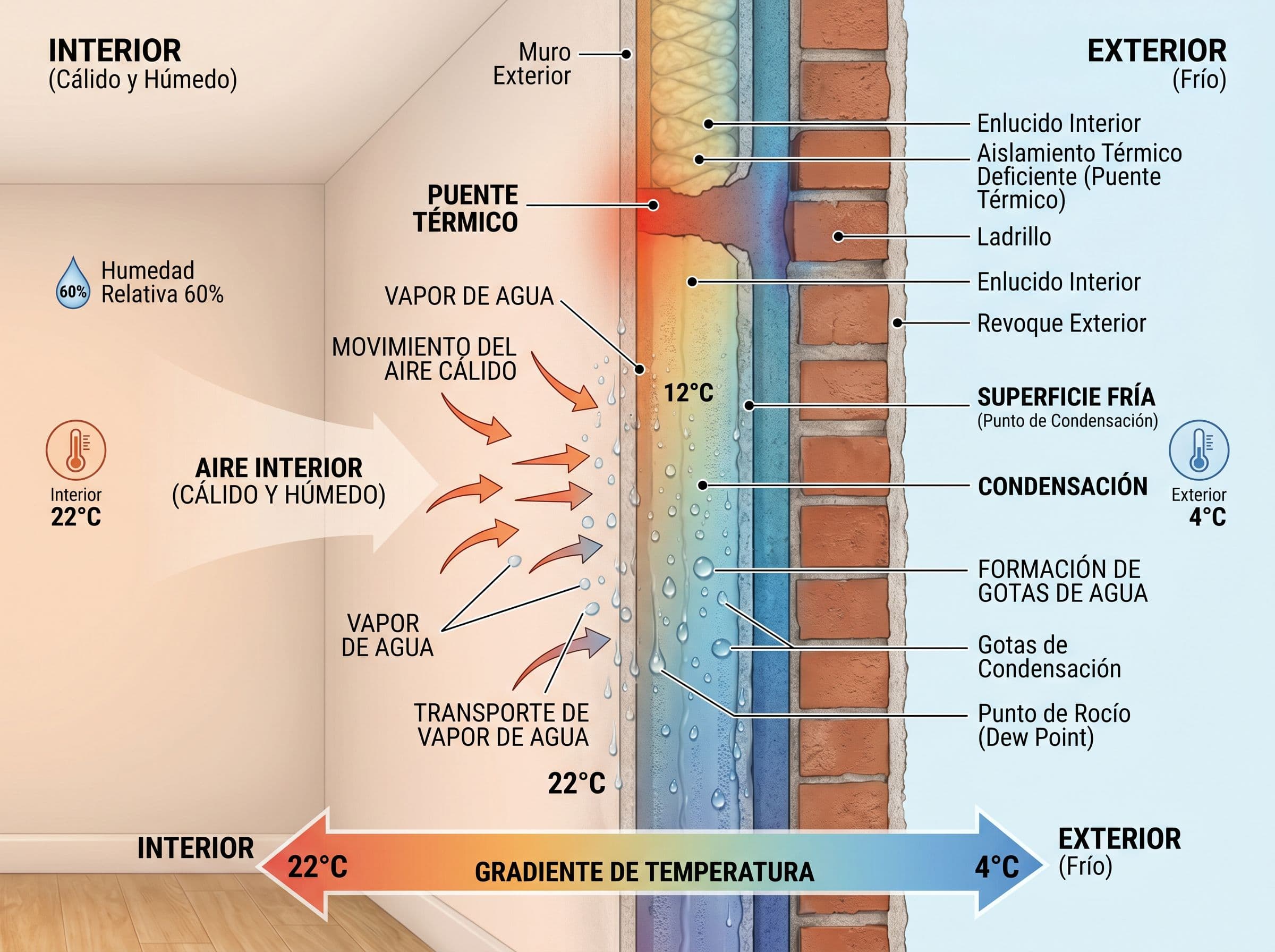 Esquema de la condensación: el vapor del aire interior cálido se deposita como agua sobre la superficie fría de un puente térmico