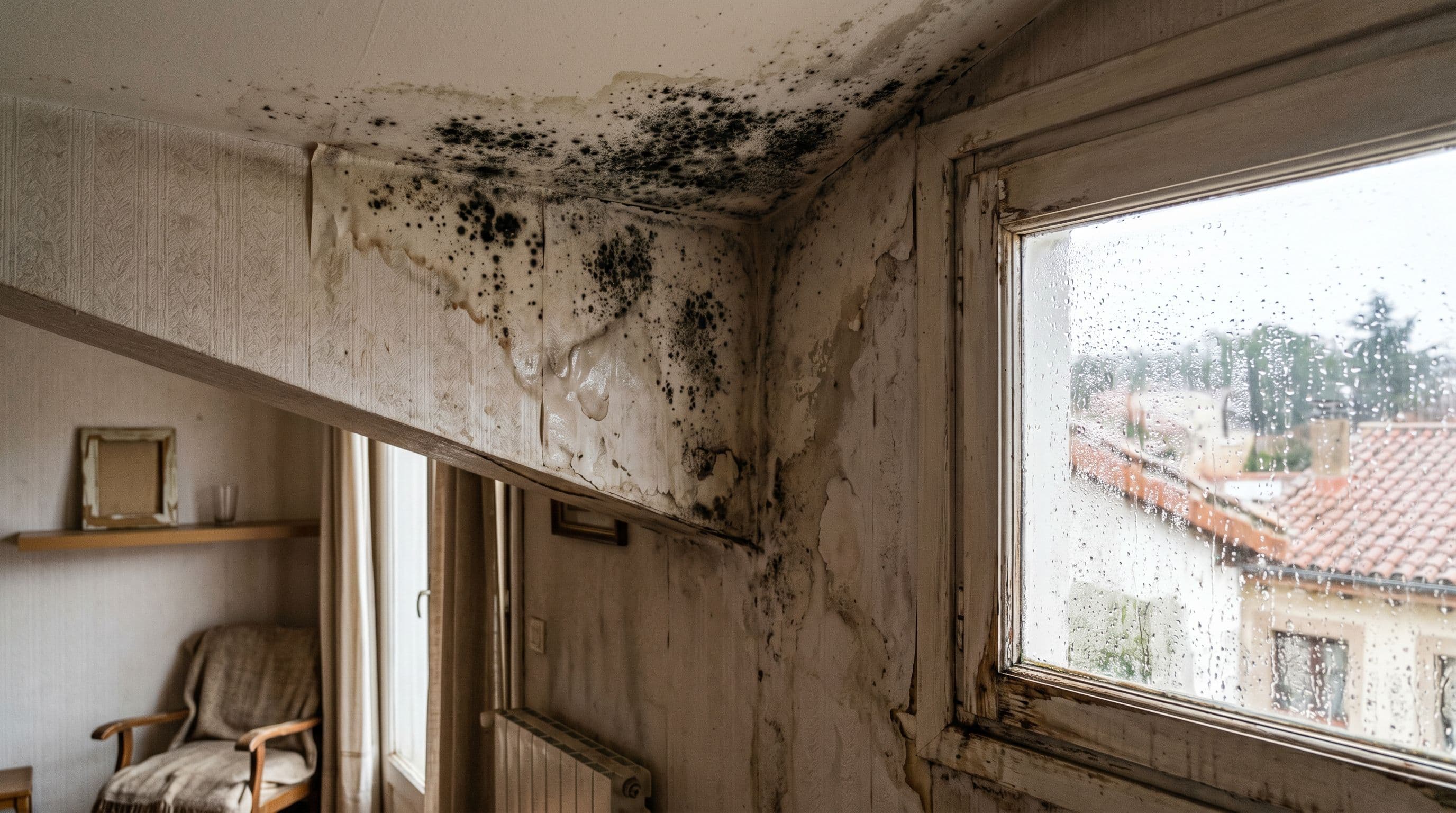 Esquina superior de pared interior afectada por humedad por condensación con manchas de moho negro y vaho en cristales de ventana