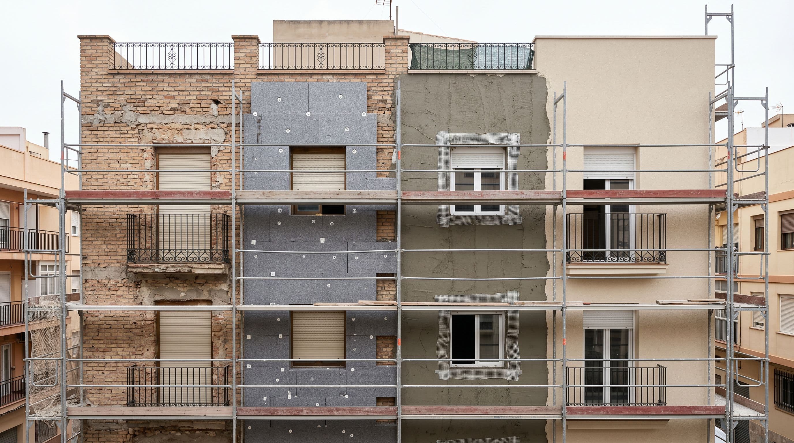 Fachada edificio español residencial instalación SATE sistema multicapa progresivo