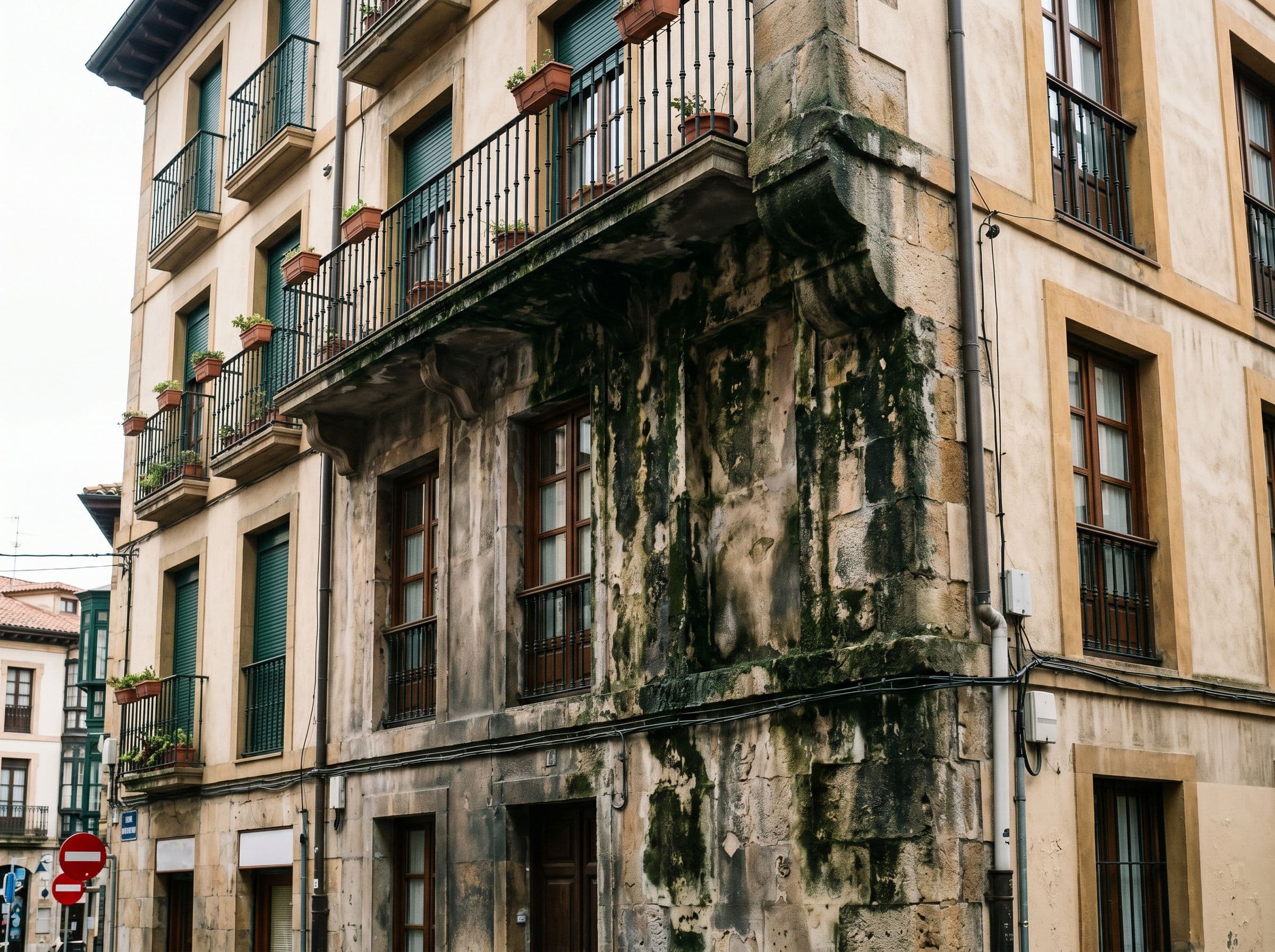 Fachada edificio español residencial sección sombreada norte crecimiento biológico visible manchas oscuras