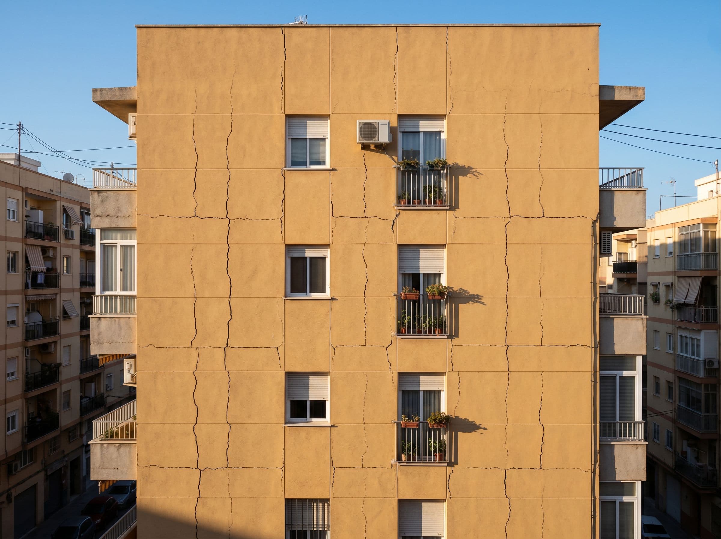 Fachada edificio español residencial vivienda fisuras verticales visibles
