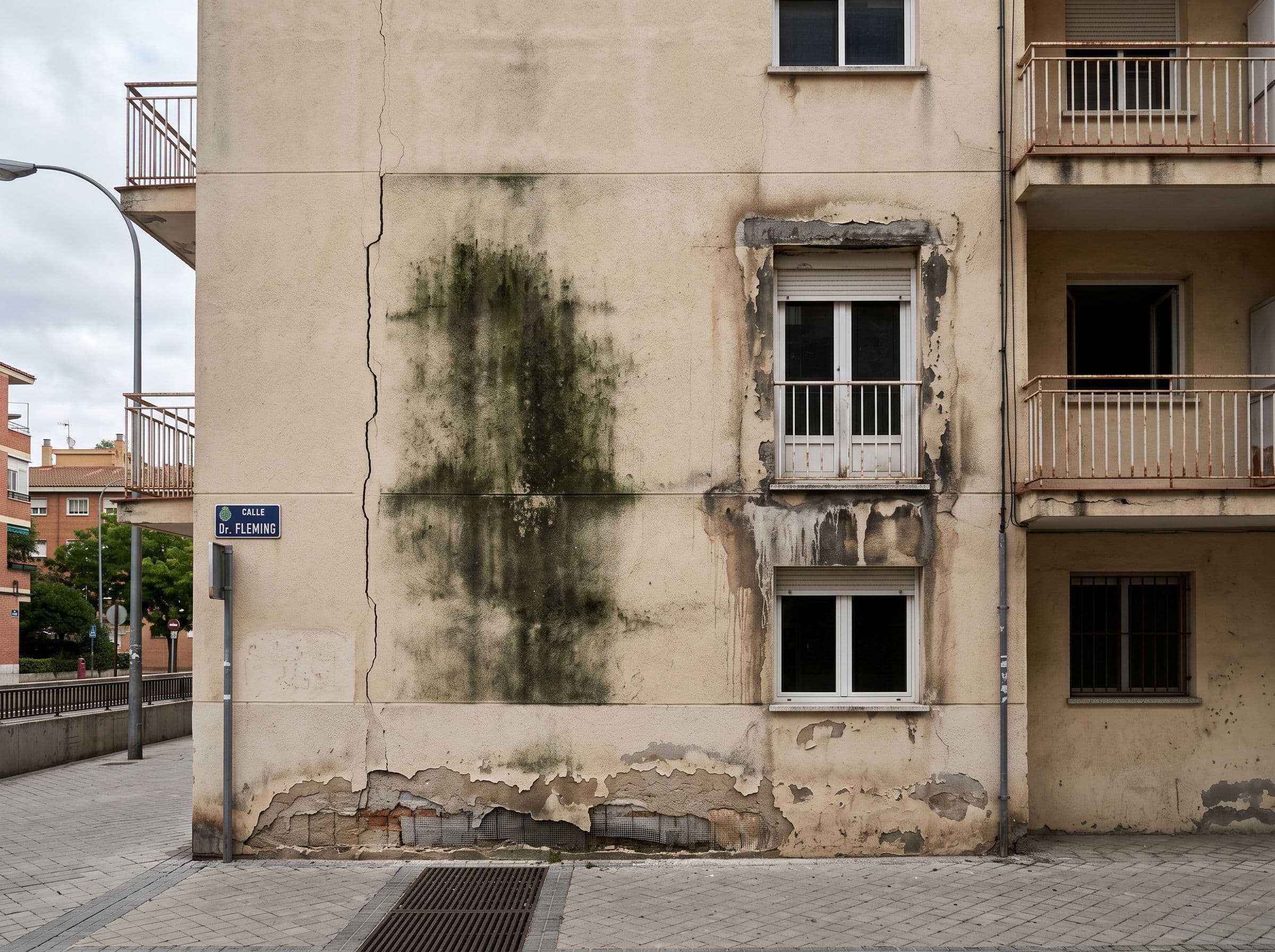 Fachada edificio español residencial vivienda múltiples patologías SATE visibles