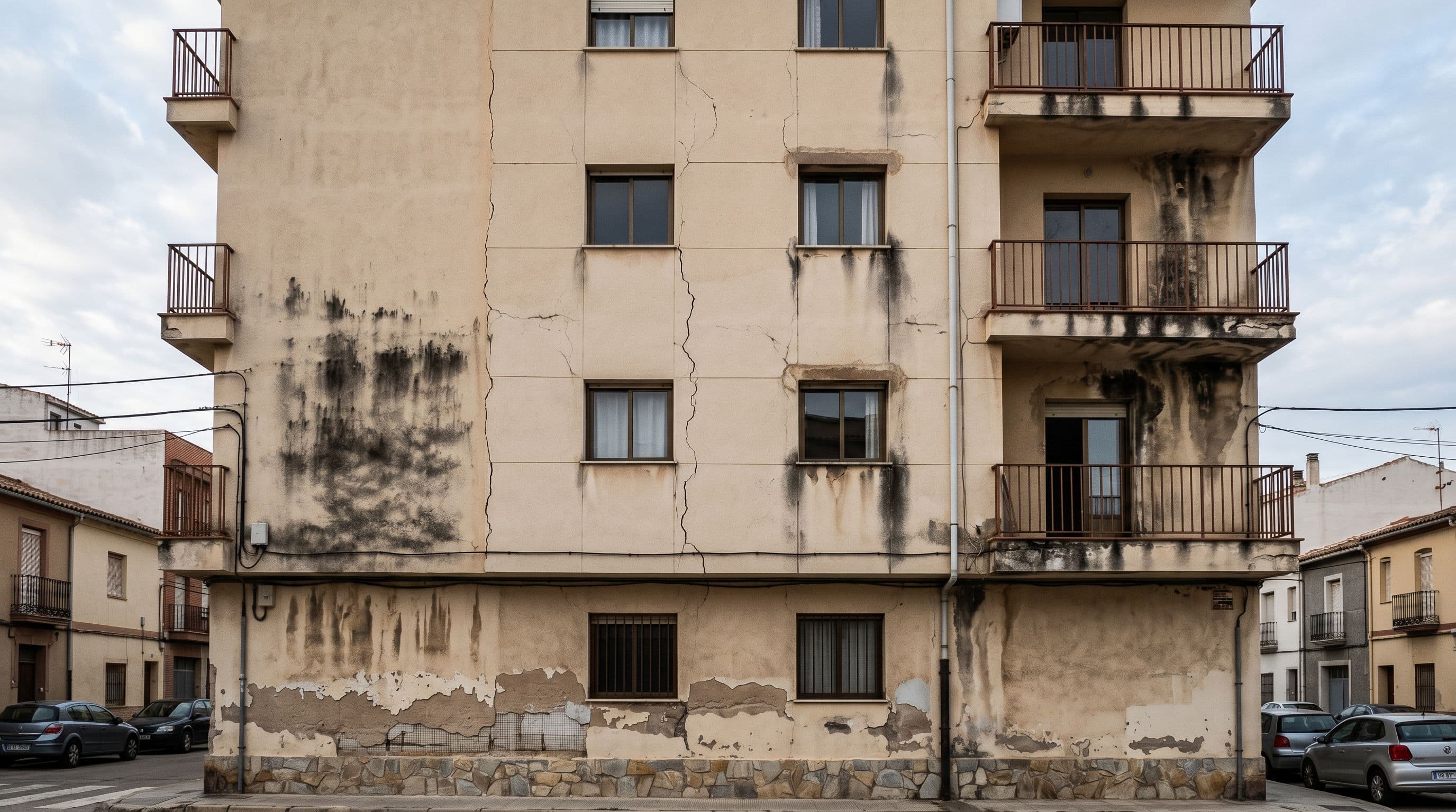 Fachada edificio español residencial vivienda con SATE patologías visibles