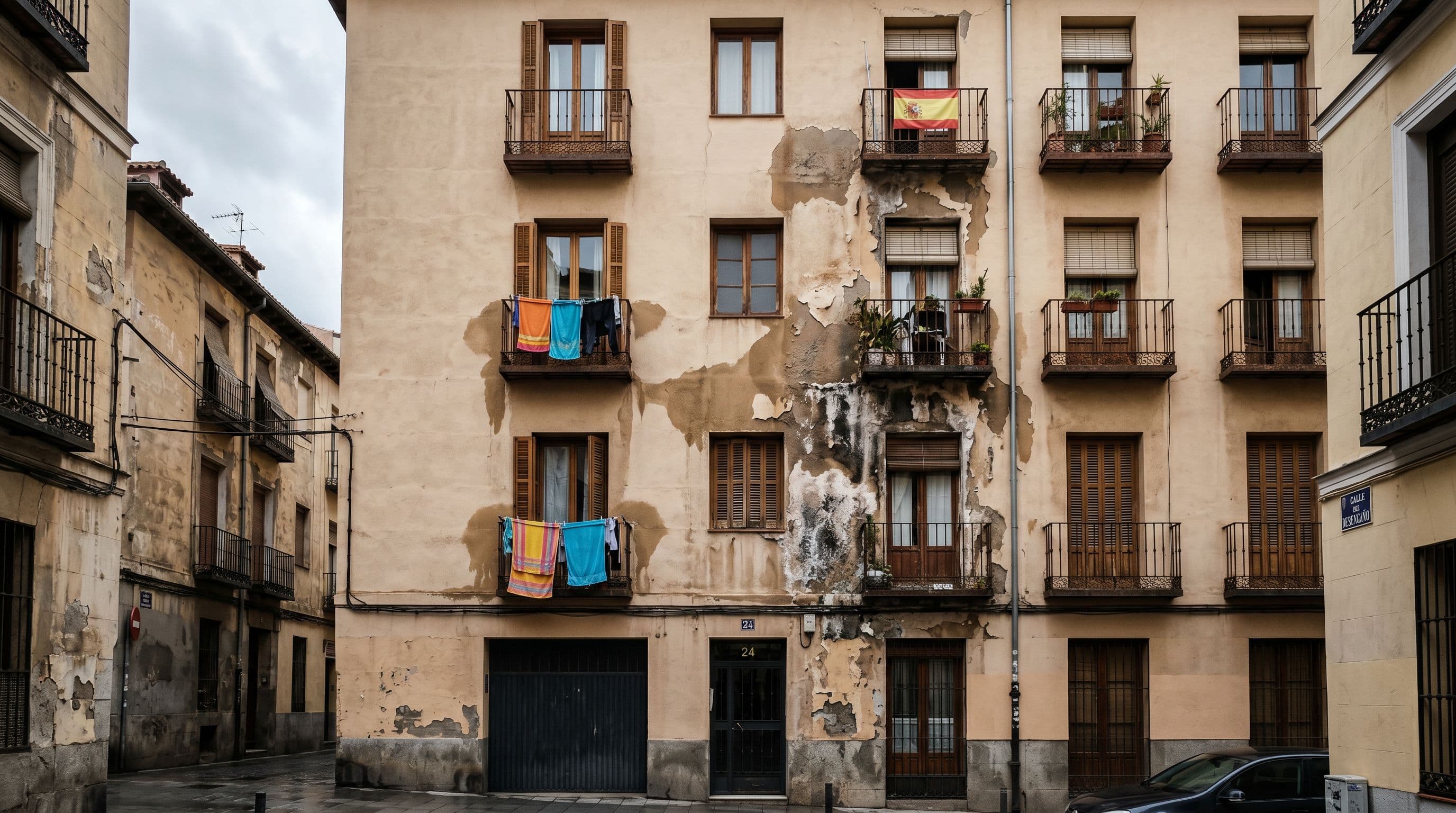 Fachada de edificio residencial español con daños visibles por humedades, manchas oscuras descendentes y eflorescencias