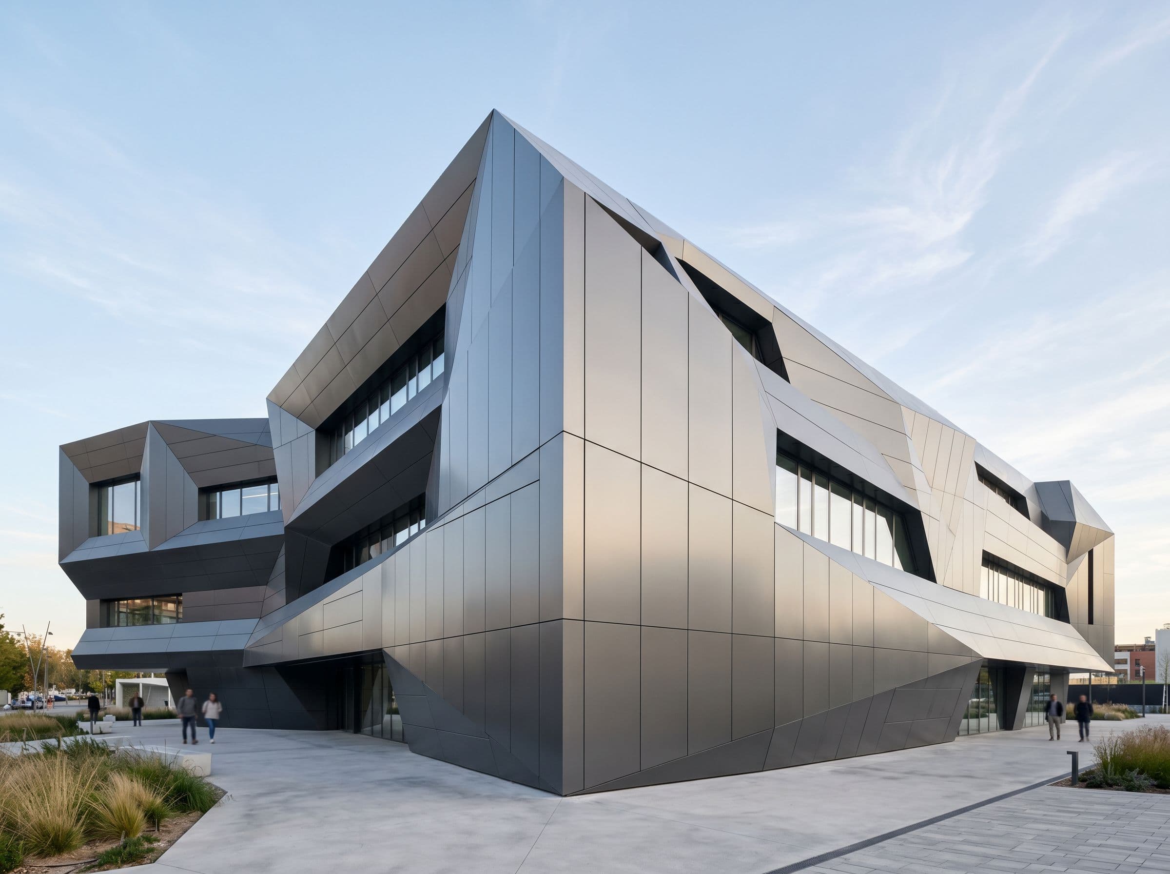 Fachada ventilada con panel composite metálico Alucobond Plus en edificio singular contemporáneo con acabado premium