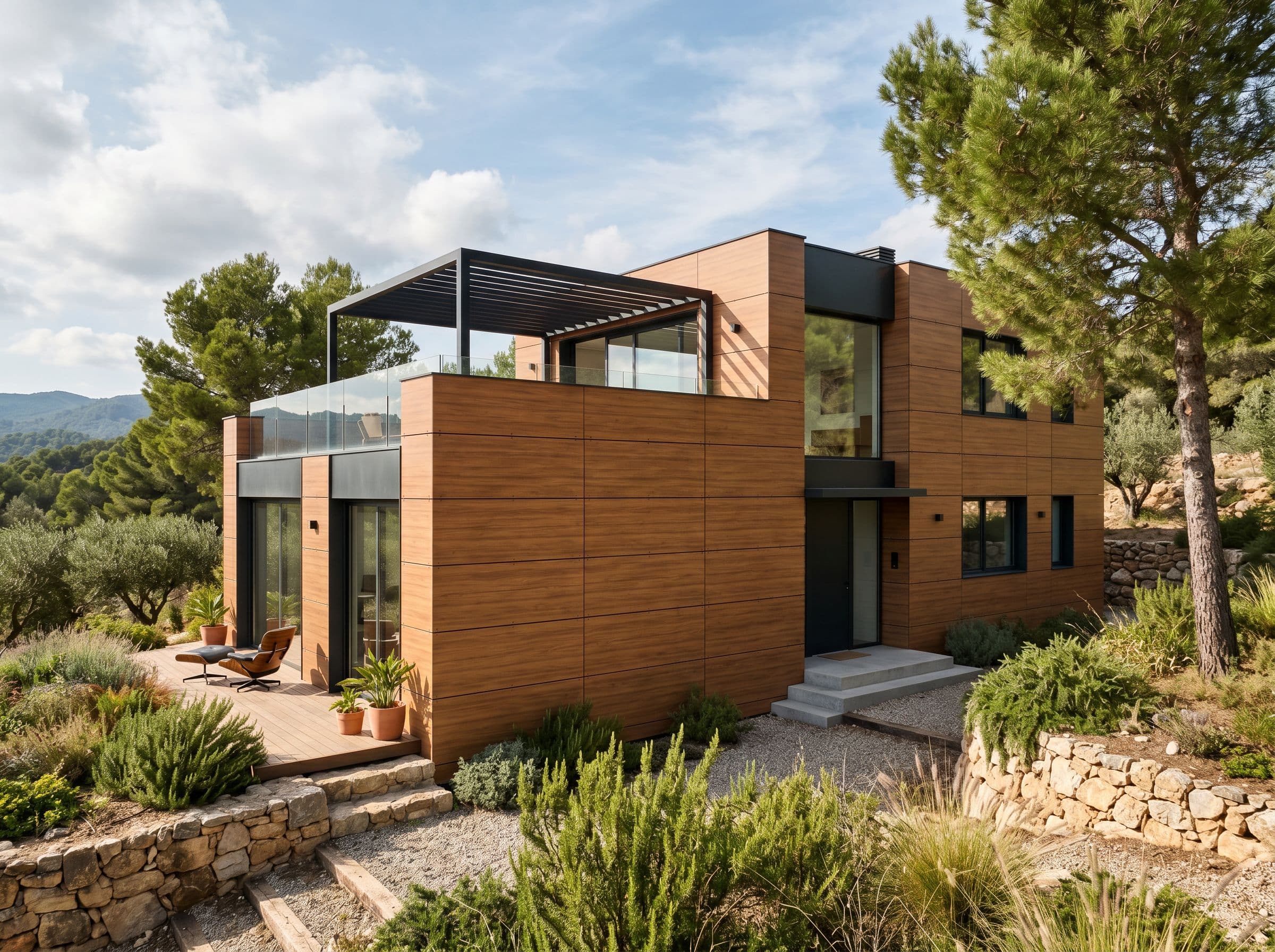 Fachada ventilada con madera tratada Trespa Pura HPL en arquitectura residencial contemporánea con acabado cálido natural