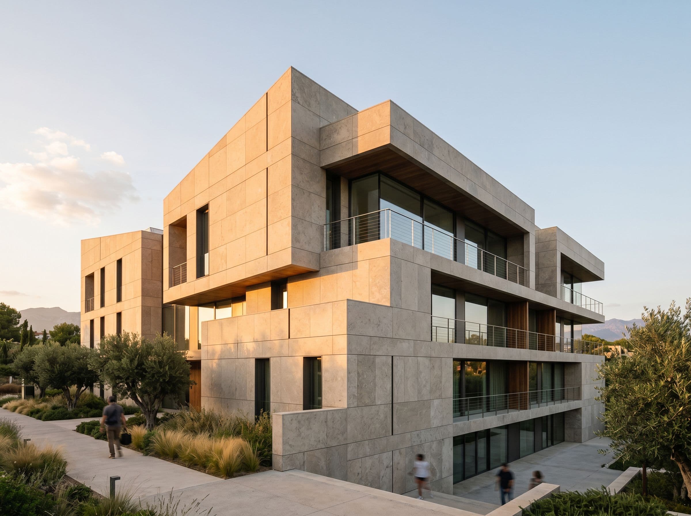 Fachada ventilada con piedra natural caliza Cosentino instalada en arquitectura residencial premium contemporánea española