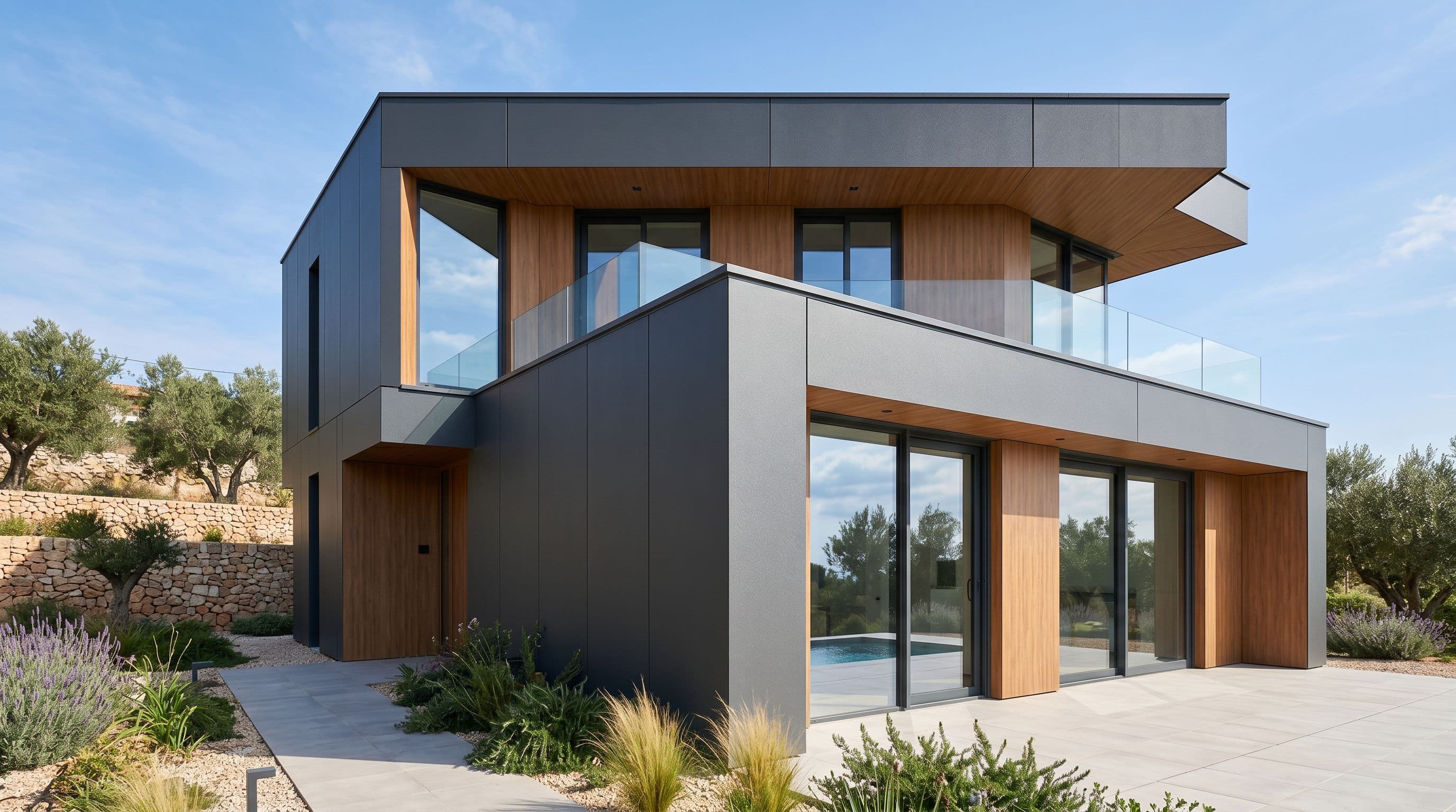 Fachada de vivienda unifamiliar contemporánea con panel sándwich de fijación oculta en acabado gris antracita y imitación madera