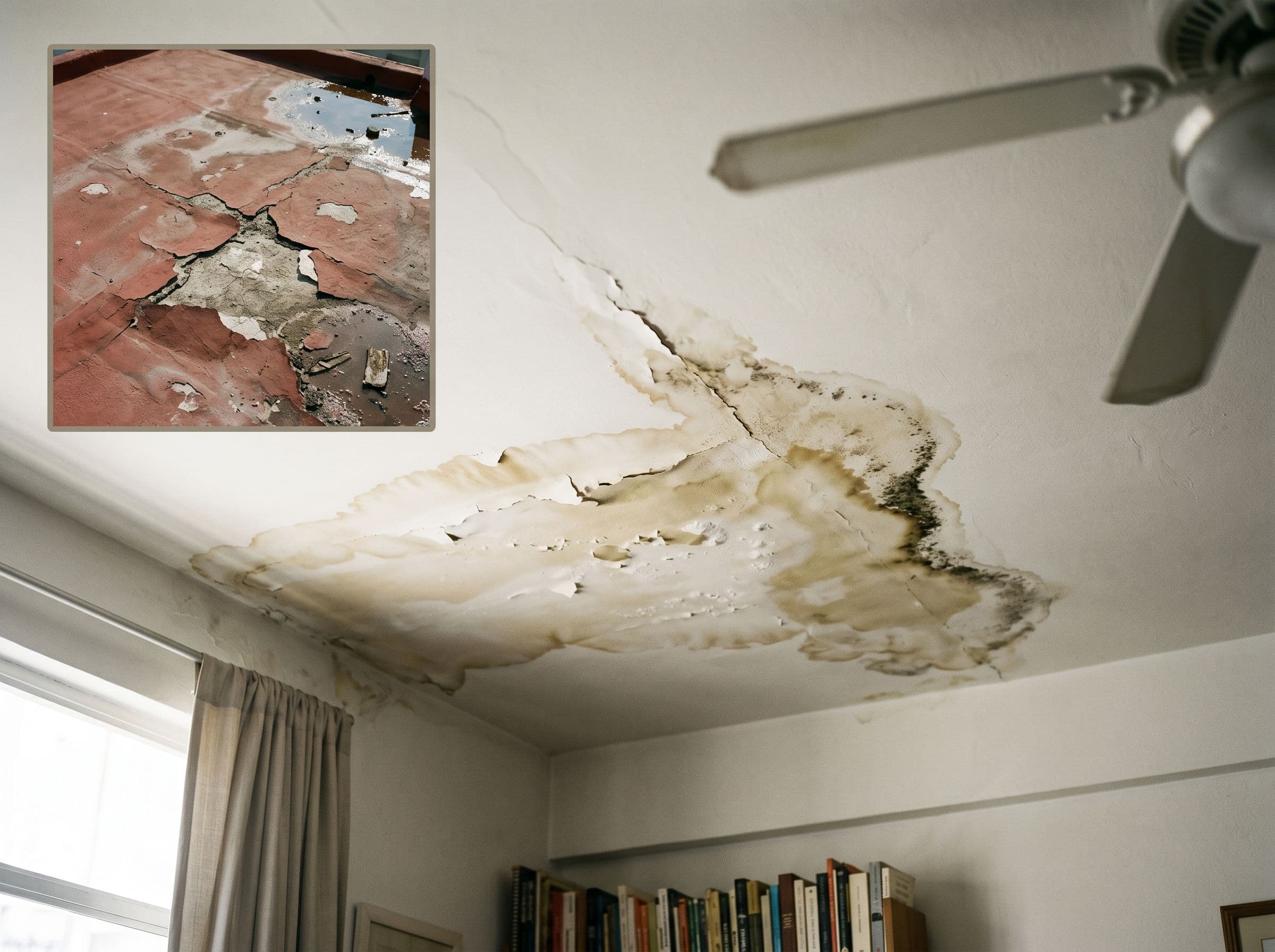 Azotea comunitaria plana de un edificio residencial español durante la impermeabilización con membrana, mostrando petos, sumideros y uso comunitario