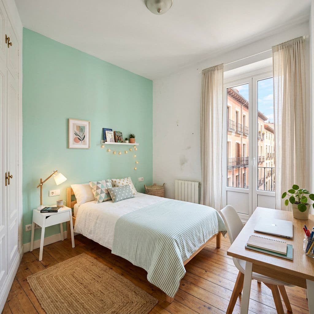 Habitación infantil juvenil española pintada técnica pared destacada tres paredes blancas una pared cabecero color suave