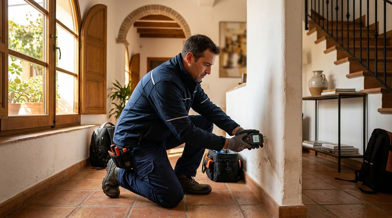 Técnico de una empresa de humedades revisando una pared con un medidor de humedad en una vivienda