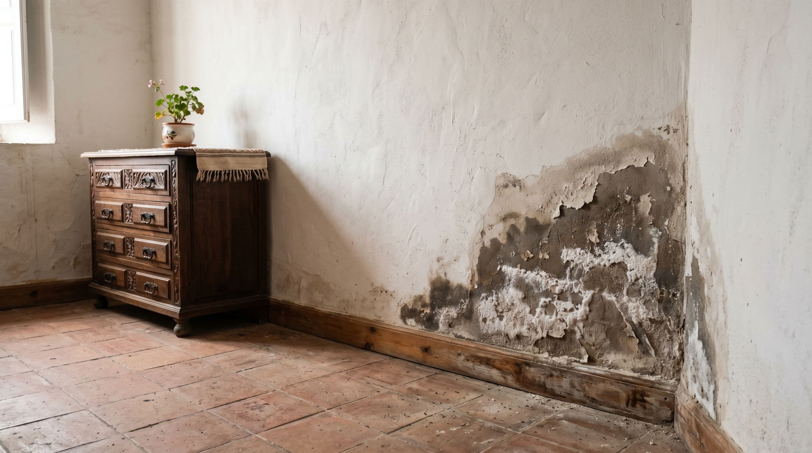 Humedad en pared interior con mancha oscura, desconchones y eflorescencias salinas en zócalo