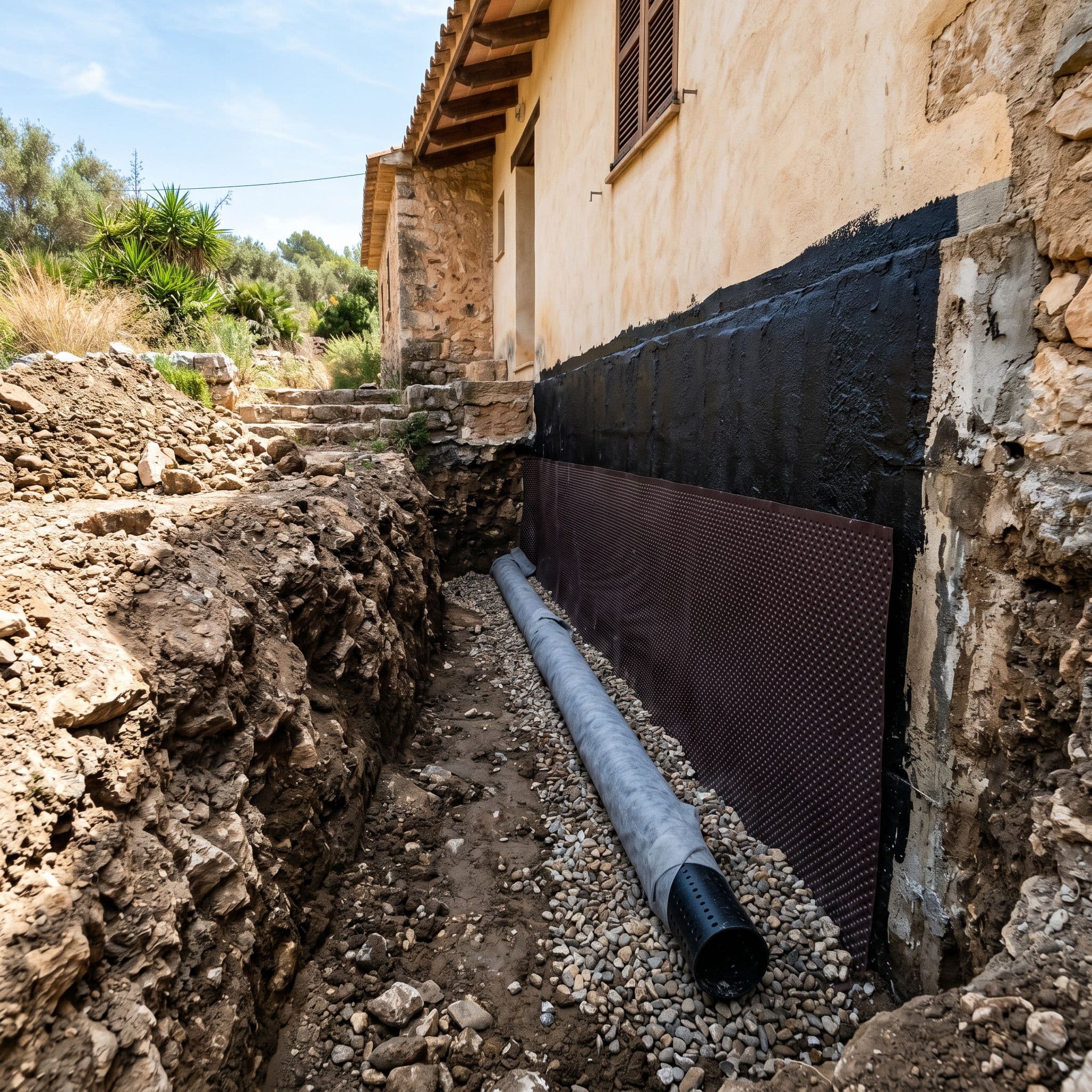 Zanja perimetral excavada junto al muro enterrado de una vivienda, con el muro impermeabilizado, lámina drenante y tubo de drenaje sobre grava en la base.