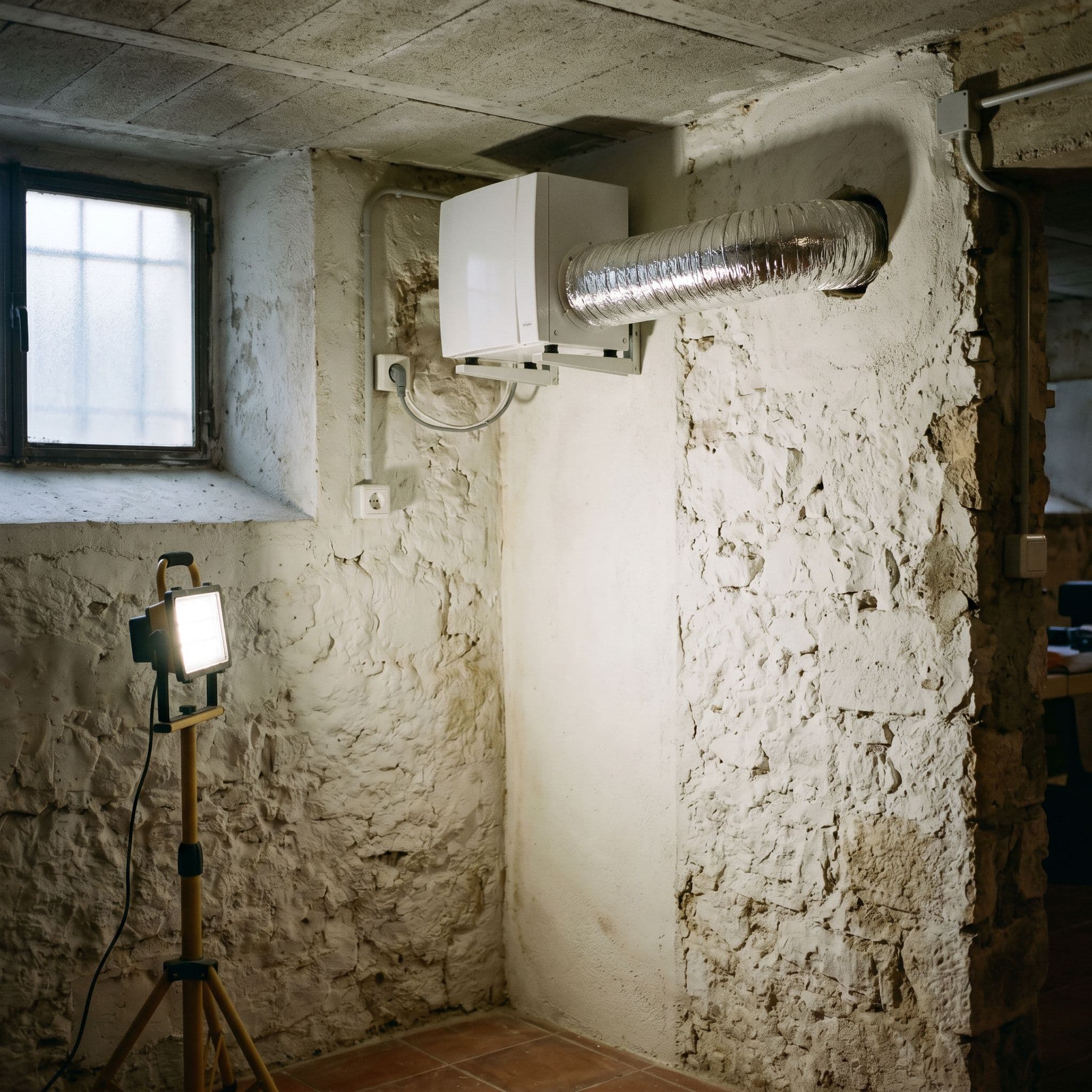 Unidad de ventilación mecánica instalada en la parte alta del muro de un sótano, con conducto hacia el exterior y la esquina antes afectada por moho ya saneada.
